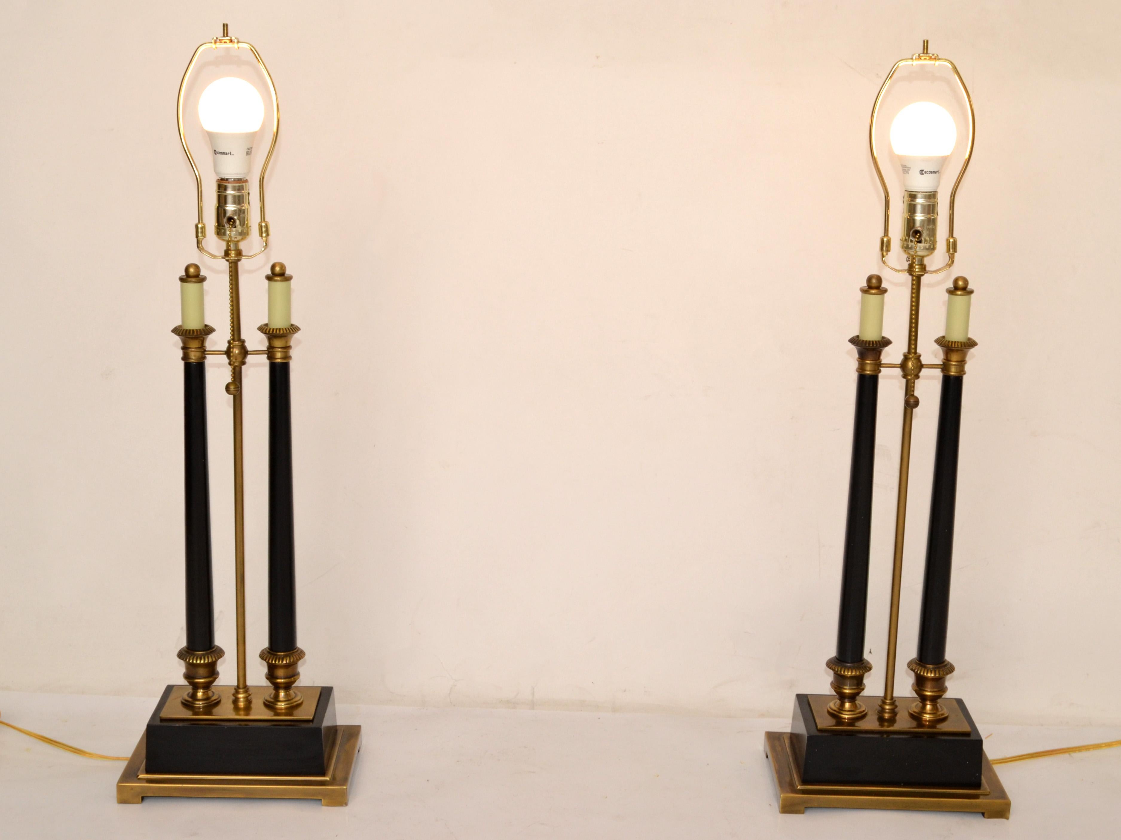 Empire Style Big Scale Brass & Ebonized Wood Rectangular Solid Brass Lamps Pair For Sale 1