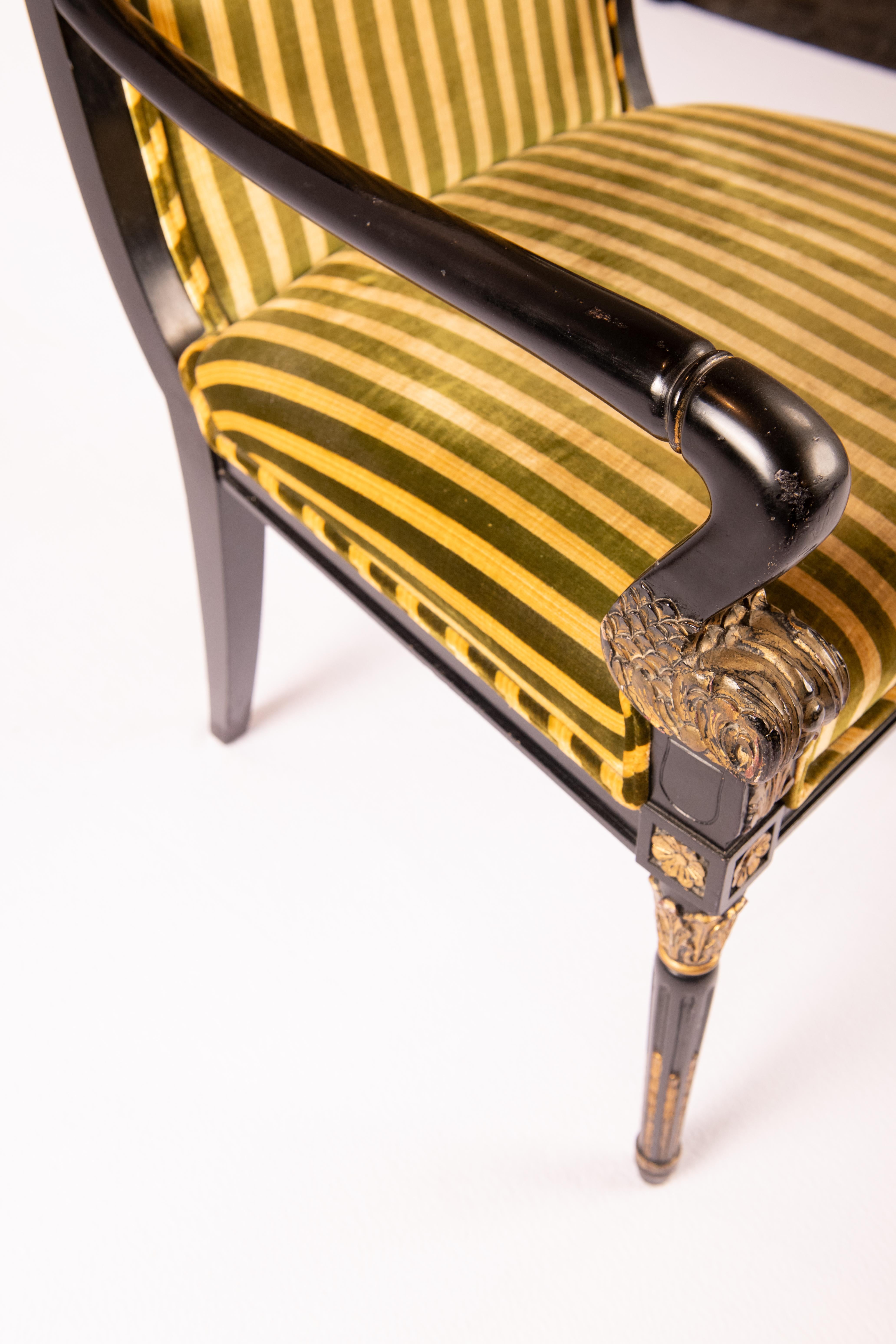 Empire Style Black chair with Gilding and Stripe Velvet For Sale 2