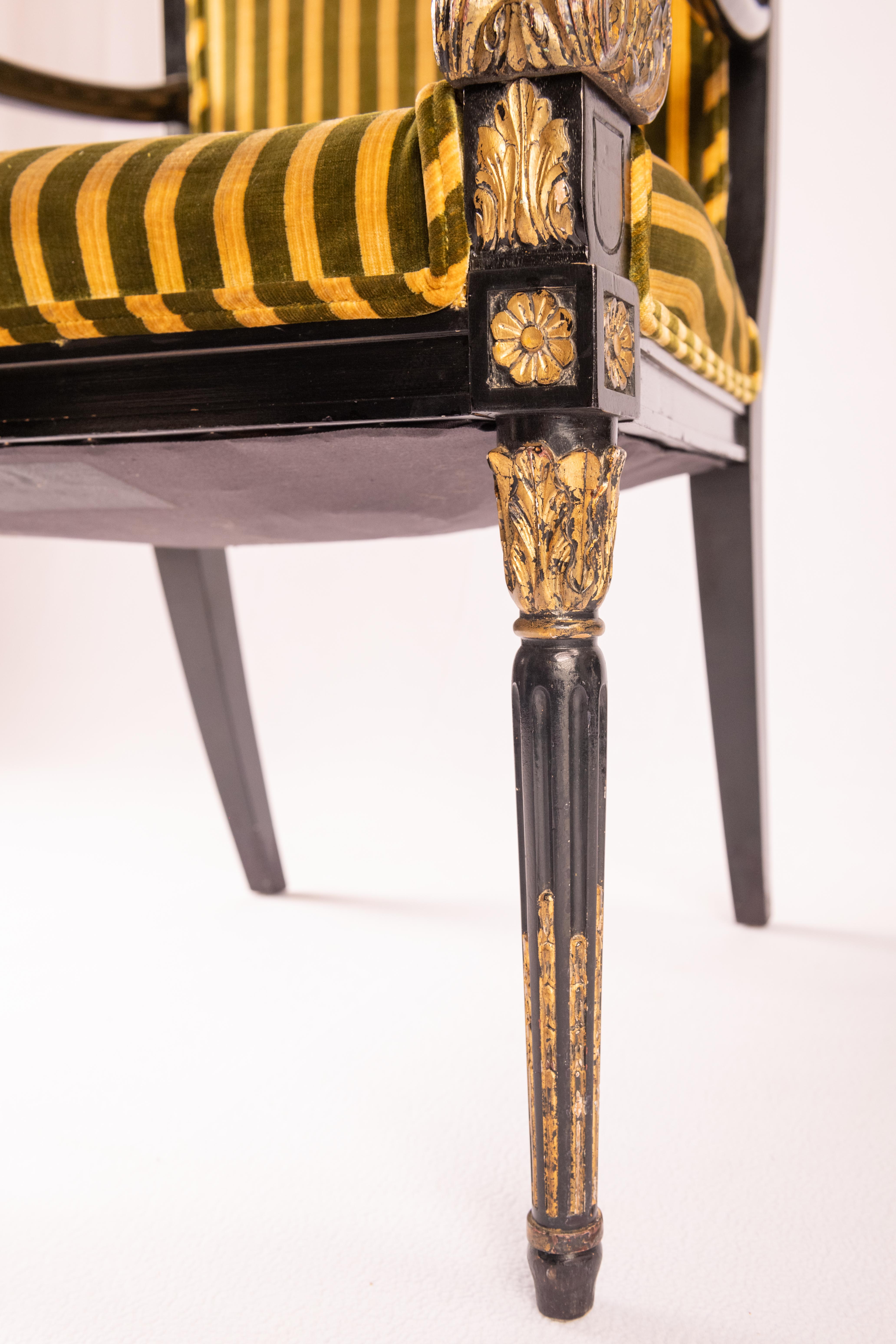 Regency Empire Style Black chair with Gilding and Stripe Velvet For Sale