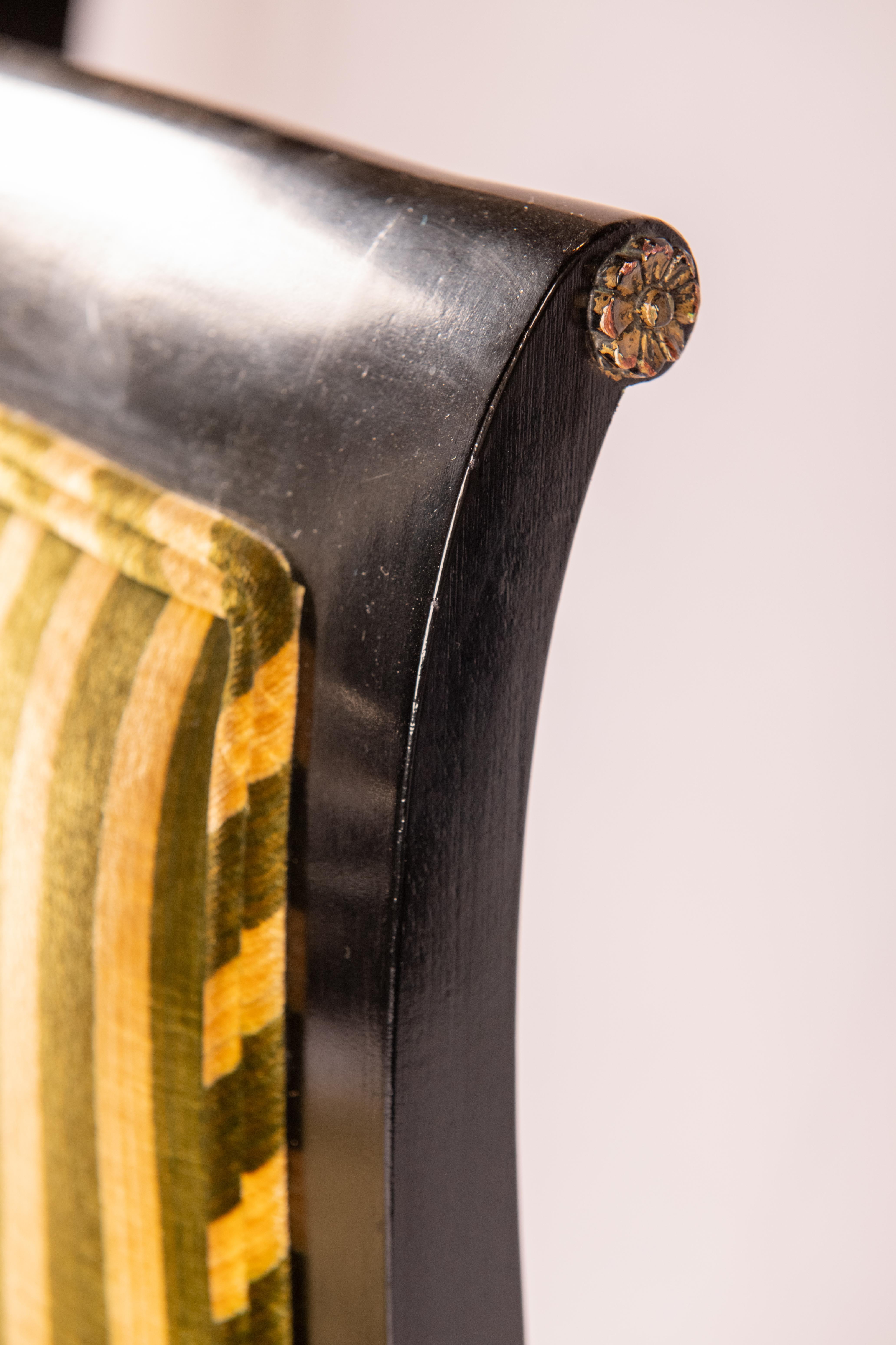 Ebonized Empire Style Black chair with Gilding and Stripe Velvet For Sale