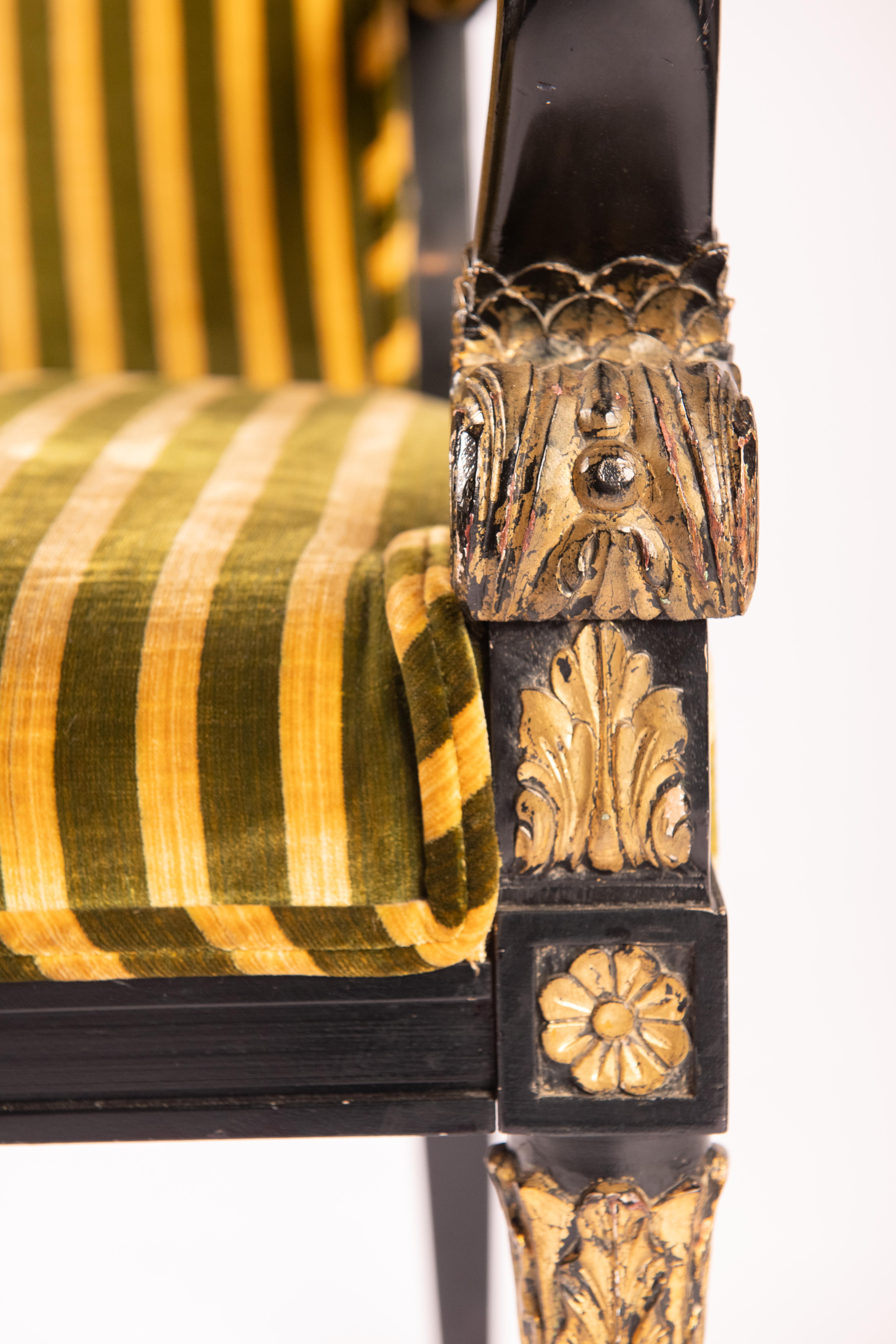 Empire Style Black chair with Gilding and Stripe Velvet In Good Condition For Sale In Wichita, KS