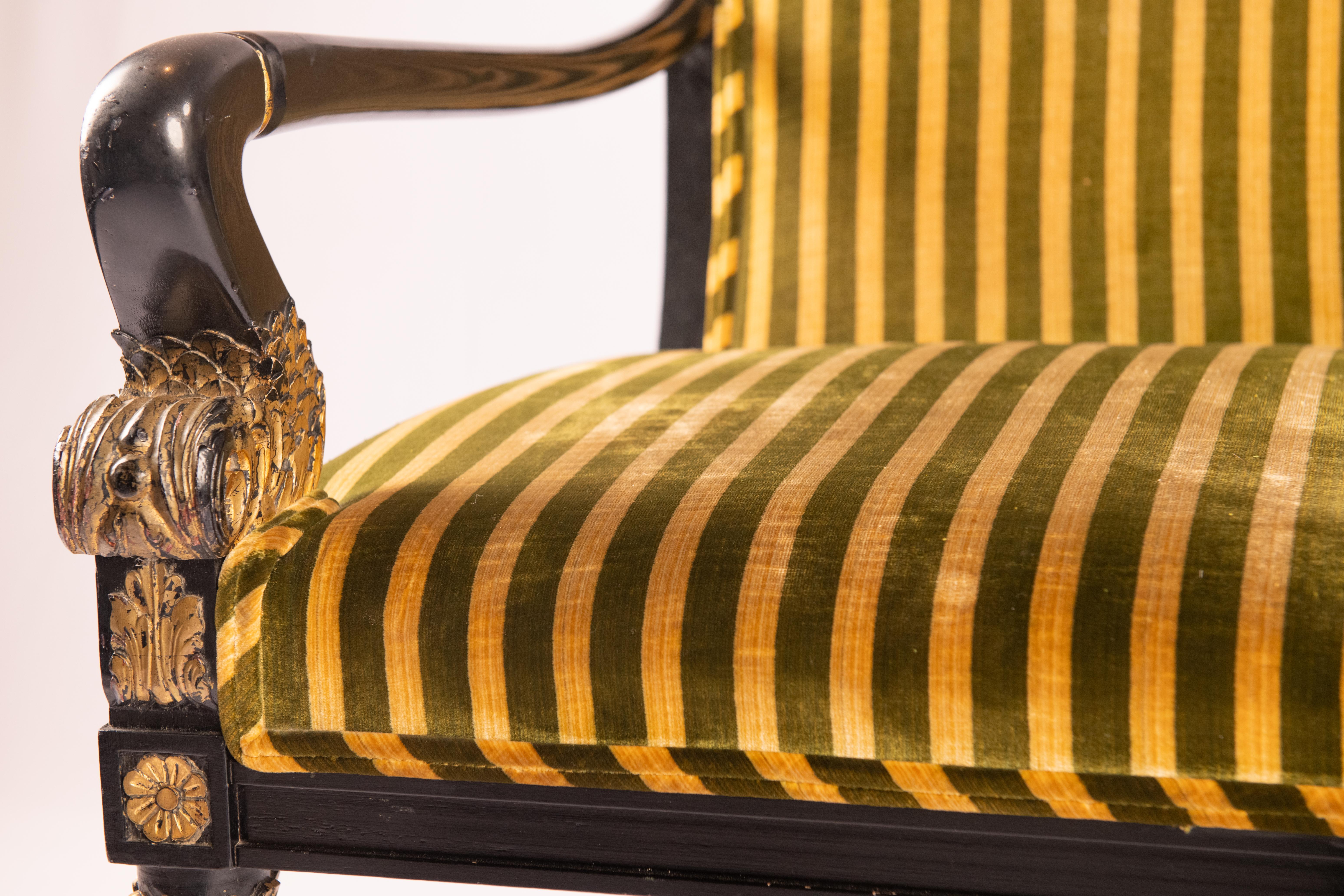 Giltwood Empire Style Black chair with Gilding and Stripe Velvet For Sale