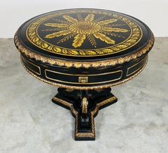 Empire Style Black Lacquer Eglomise Glass Top Round Foyer Or Center Table