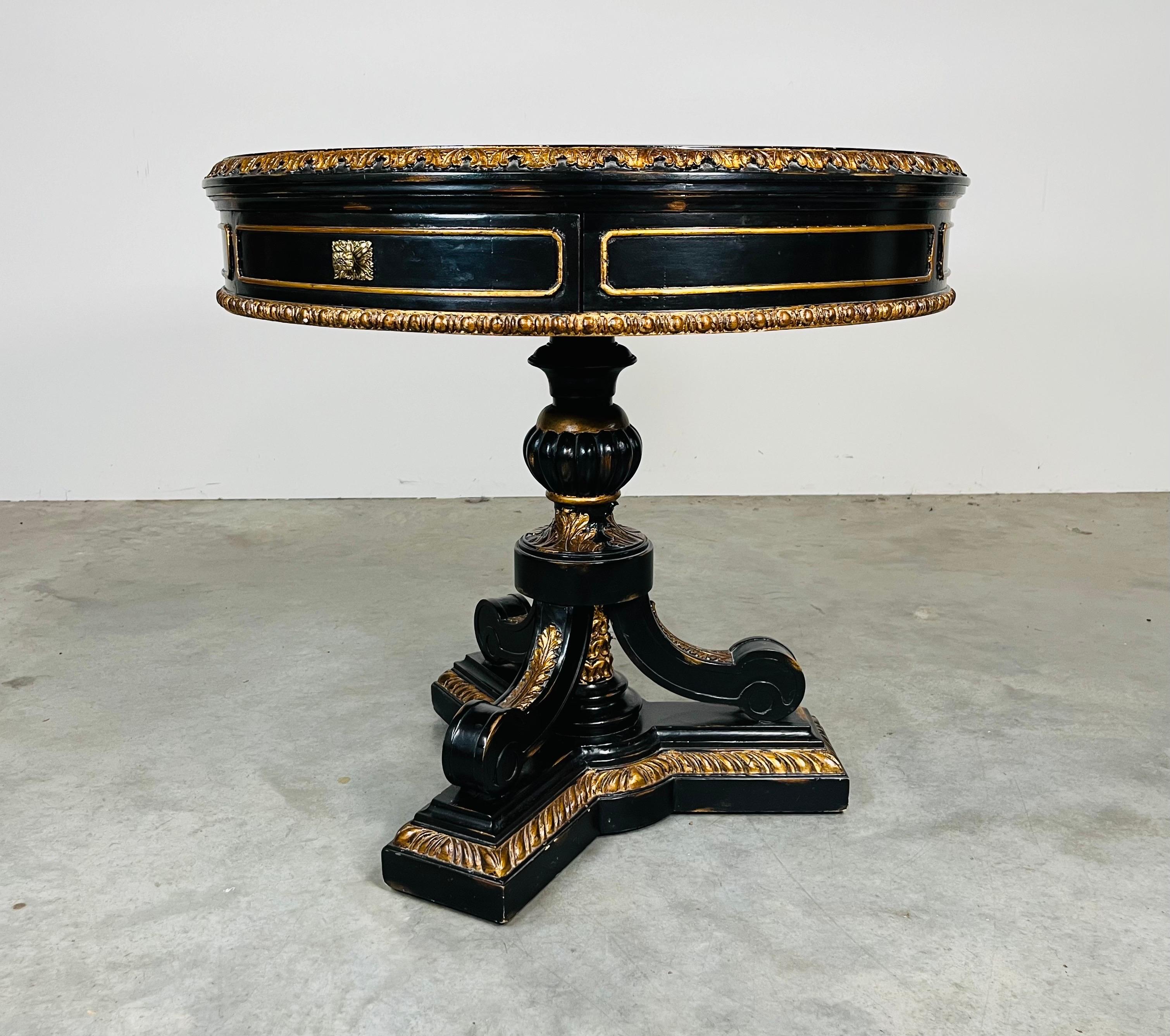 American Empire Style Black Lacquer Eglomise Glass Top Round Foyer Or Center Table