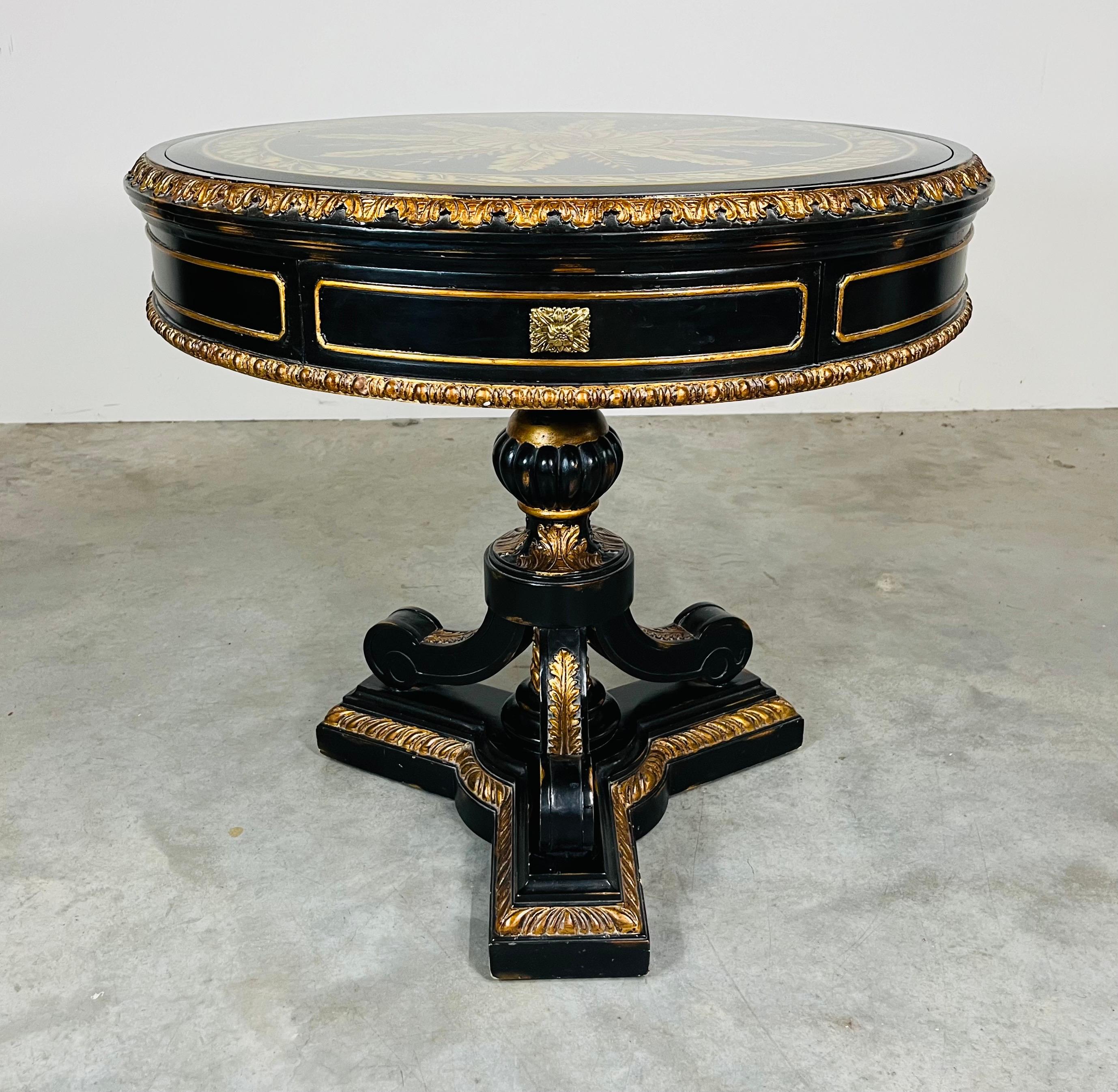 Contemporary Empire Style Black Lacquer Eglomise Glass Top Round Foyer Or Center Table