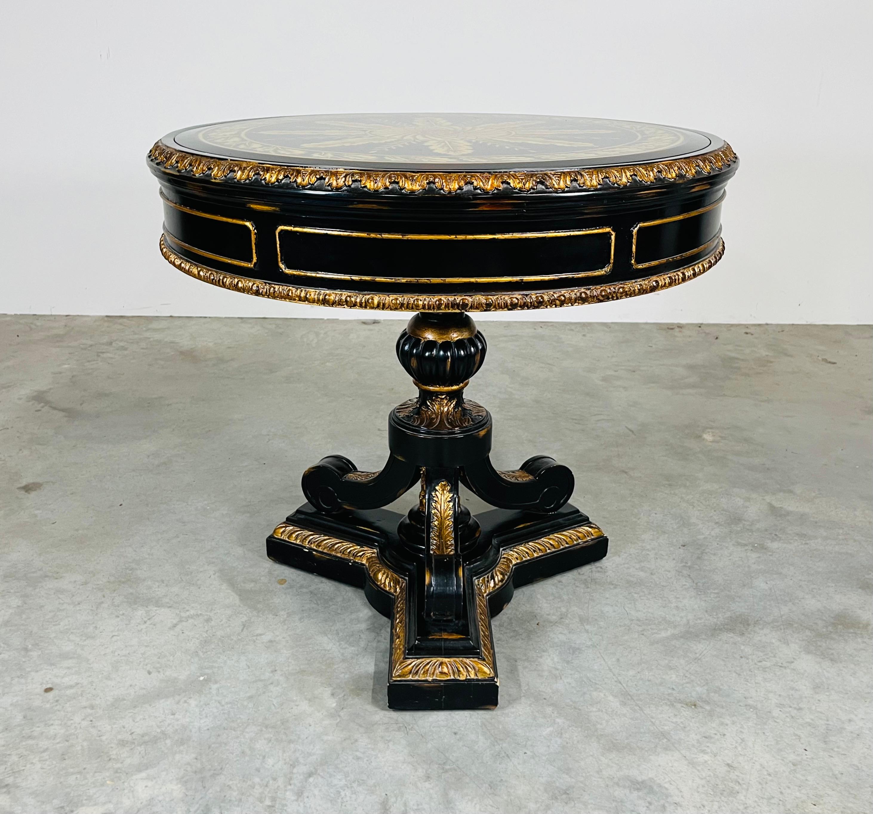 Brass Empire Style Black Lacquer Eglomise Glass Top Round Foyer Or Center Table