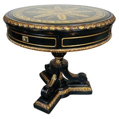Empire Style Black Lacquer Eglomise Glass Top Round Foyer Or Center Table