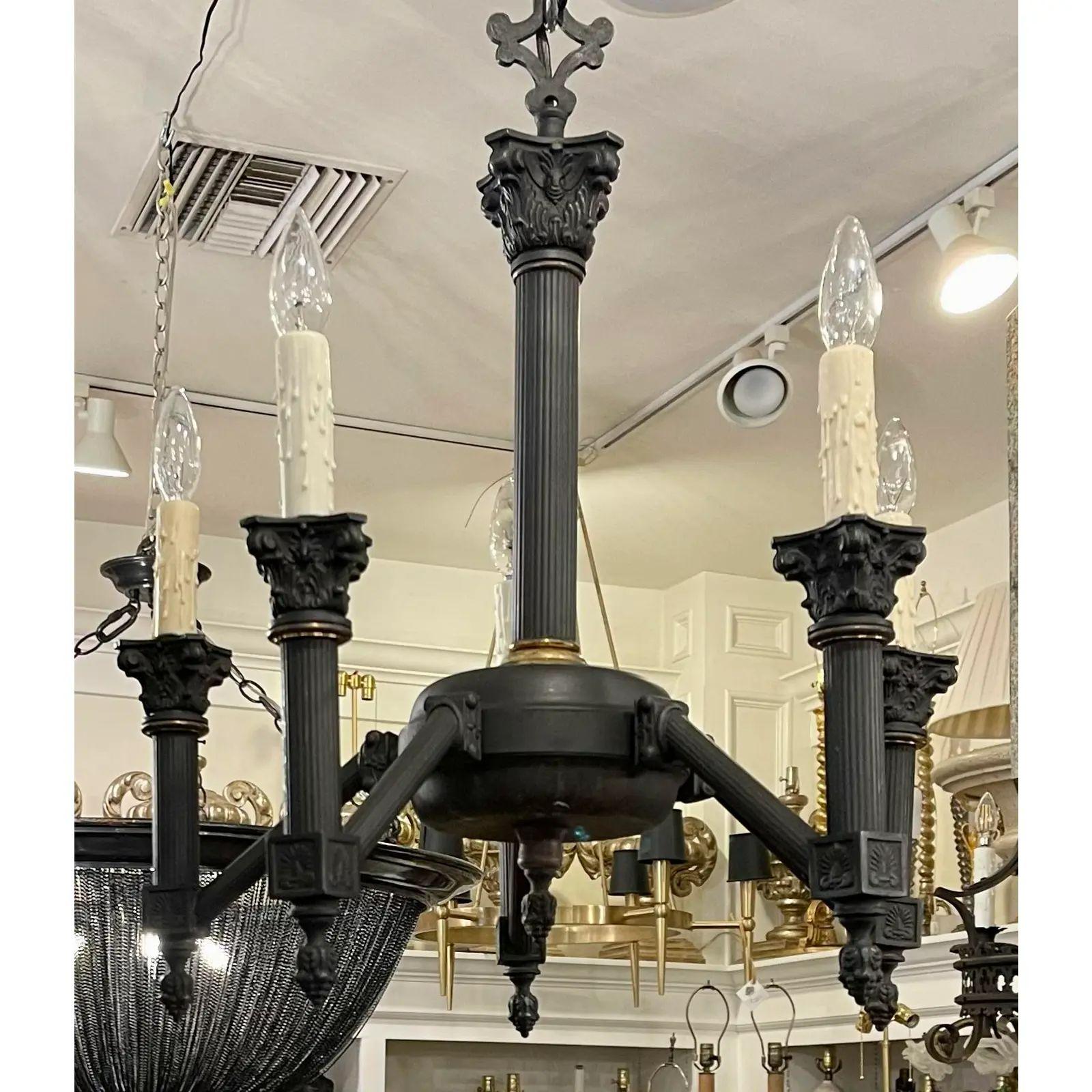 Empire Style Black Neoclassical Corinthian column six light chandelier
Priced each

Additional information: 
Materials: Lights
Color: Black
Period: 2000 - 2009
Styles: Empire, Neoclassical
Power Sources: Up to 120V (US Standard),
