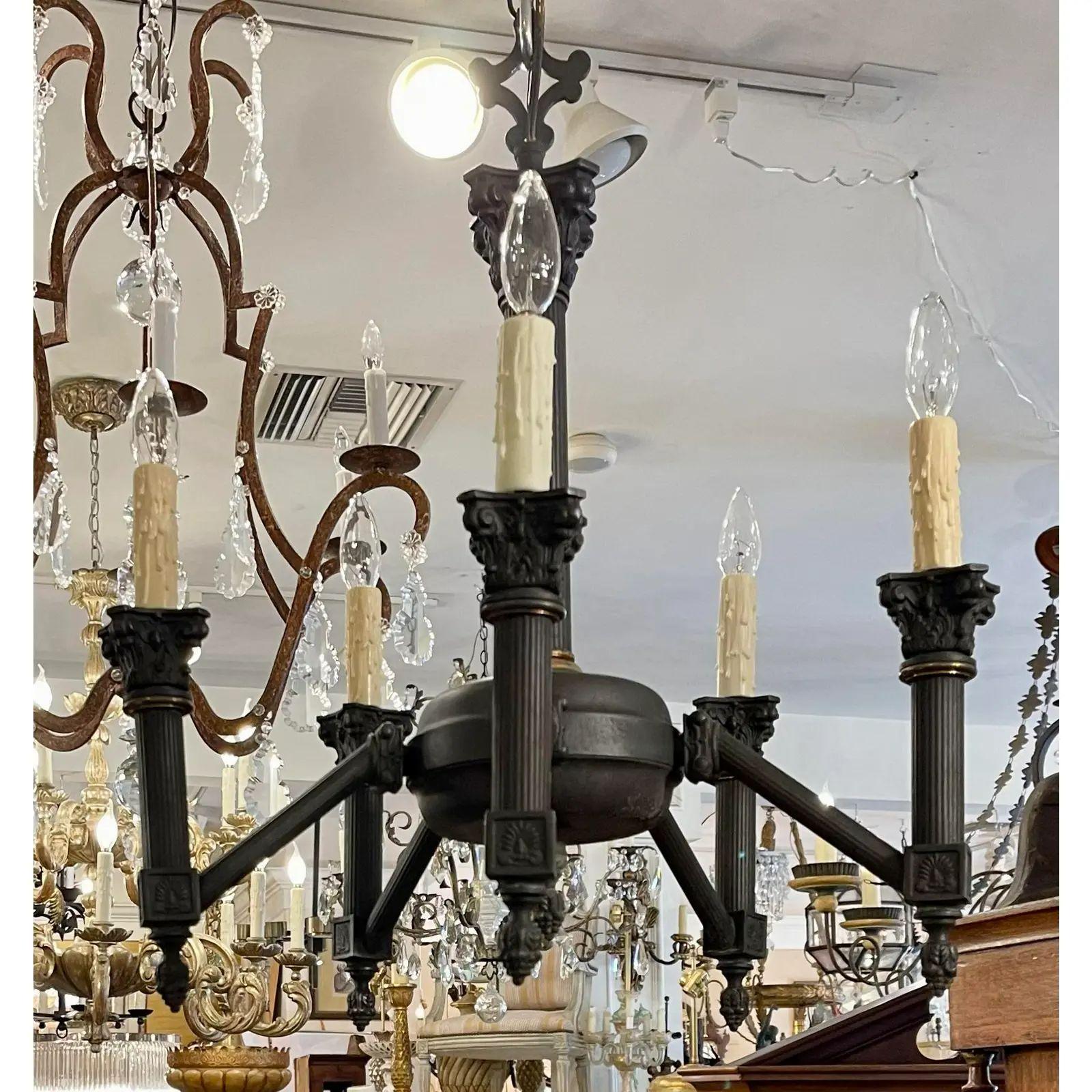 Empire Style Black Neoclassical Corinthian Column Six Light Chandelier In Good Condition For Sale In LOS ANGELES, CA