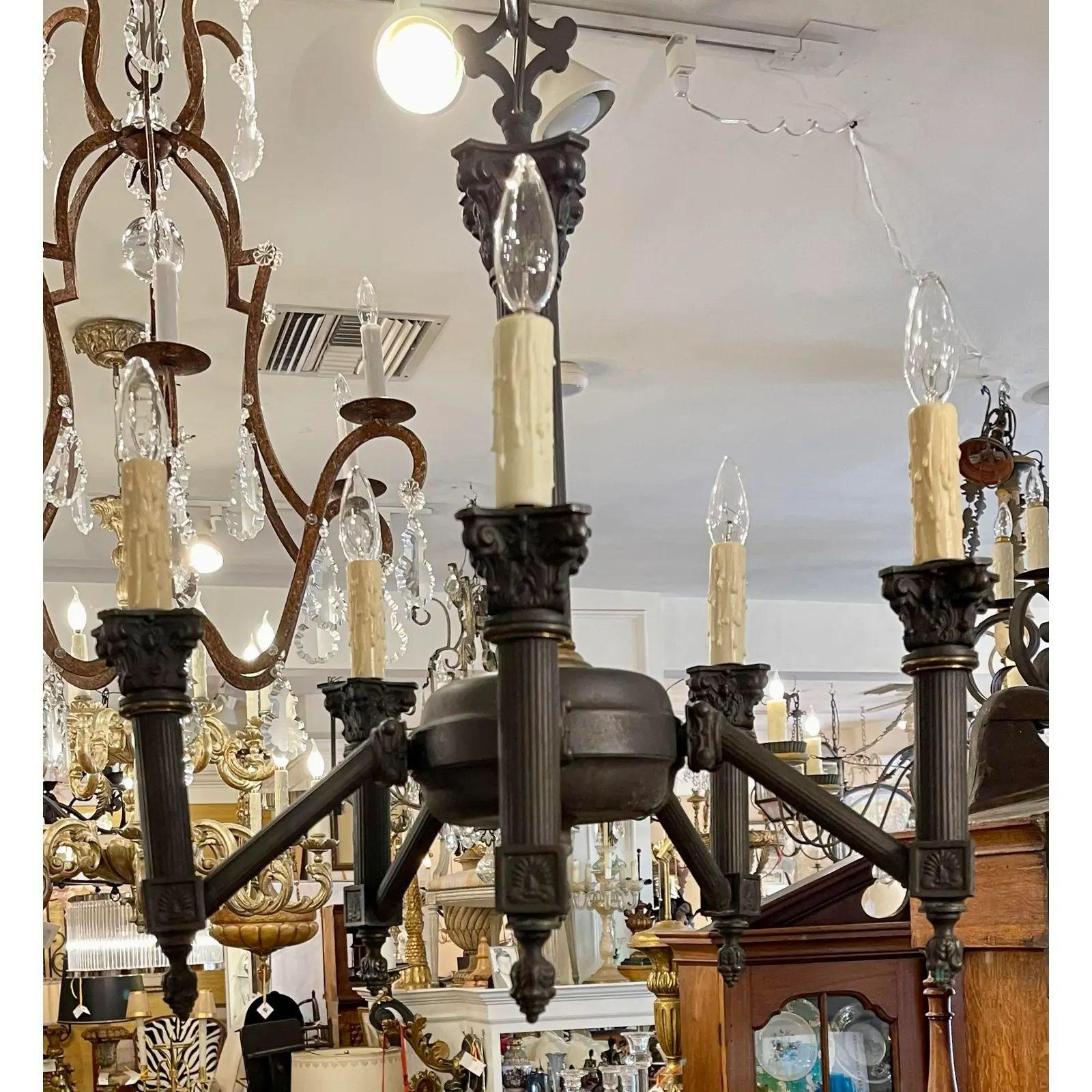 Contemporary Empire Style Black Neoclassical Corinthian Column Six Light Chandelier For Sale