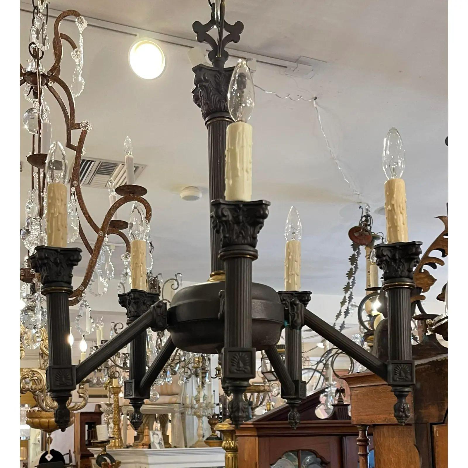 Empire Style Black Neoclassical Corinthian Column Six Light Chandelier For Sale 1