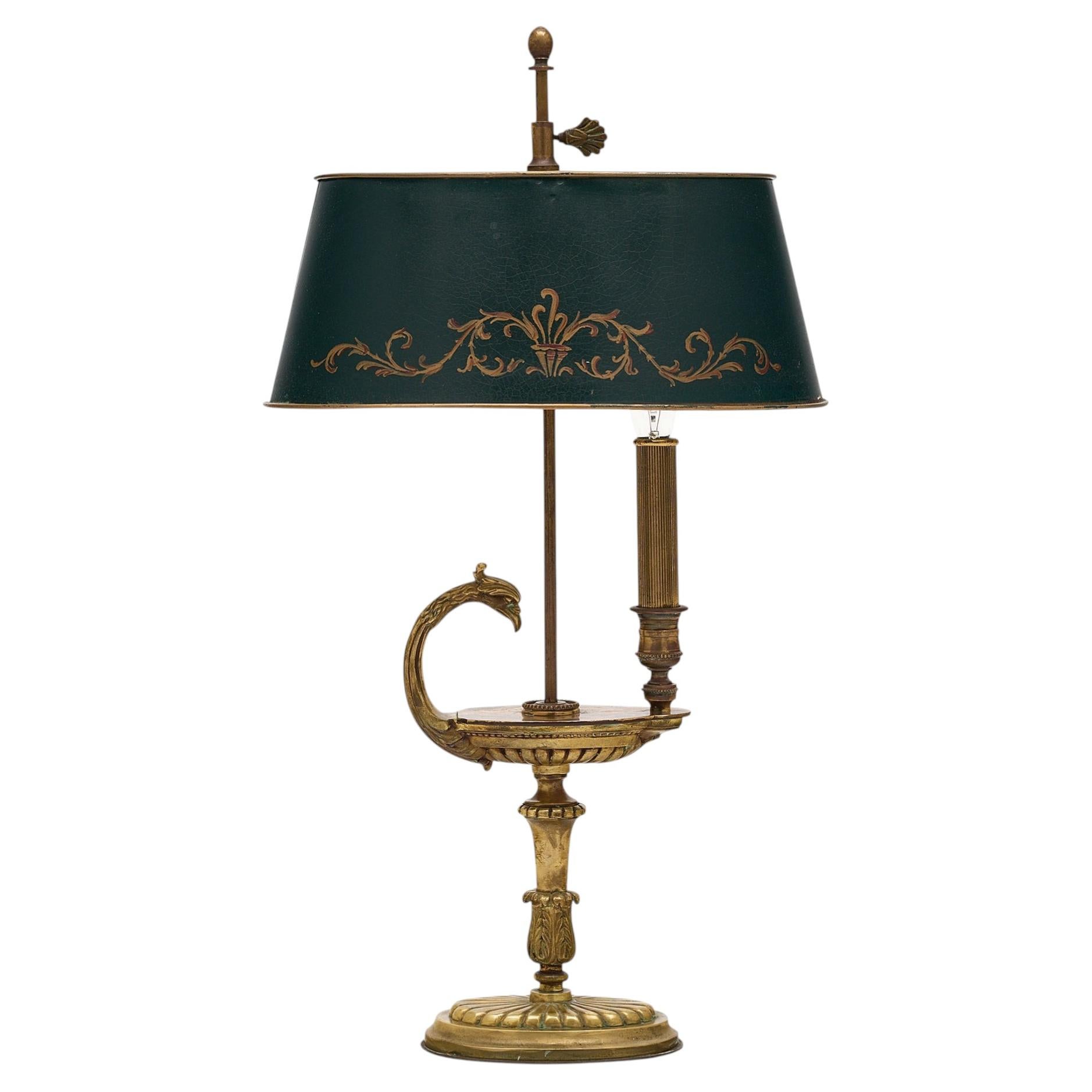Empire Style Bouillote Lamp, Bronze & Gold Leaf, French Antique, 1900