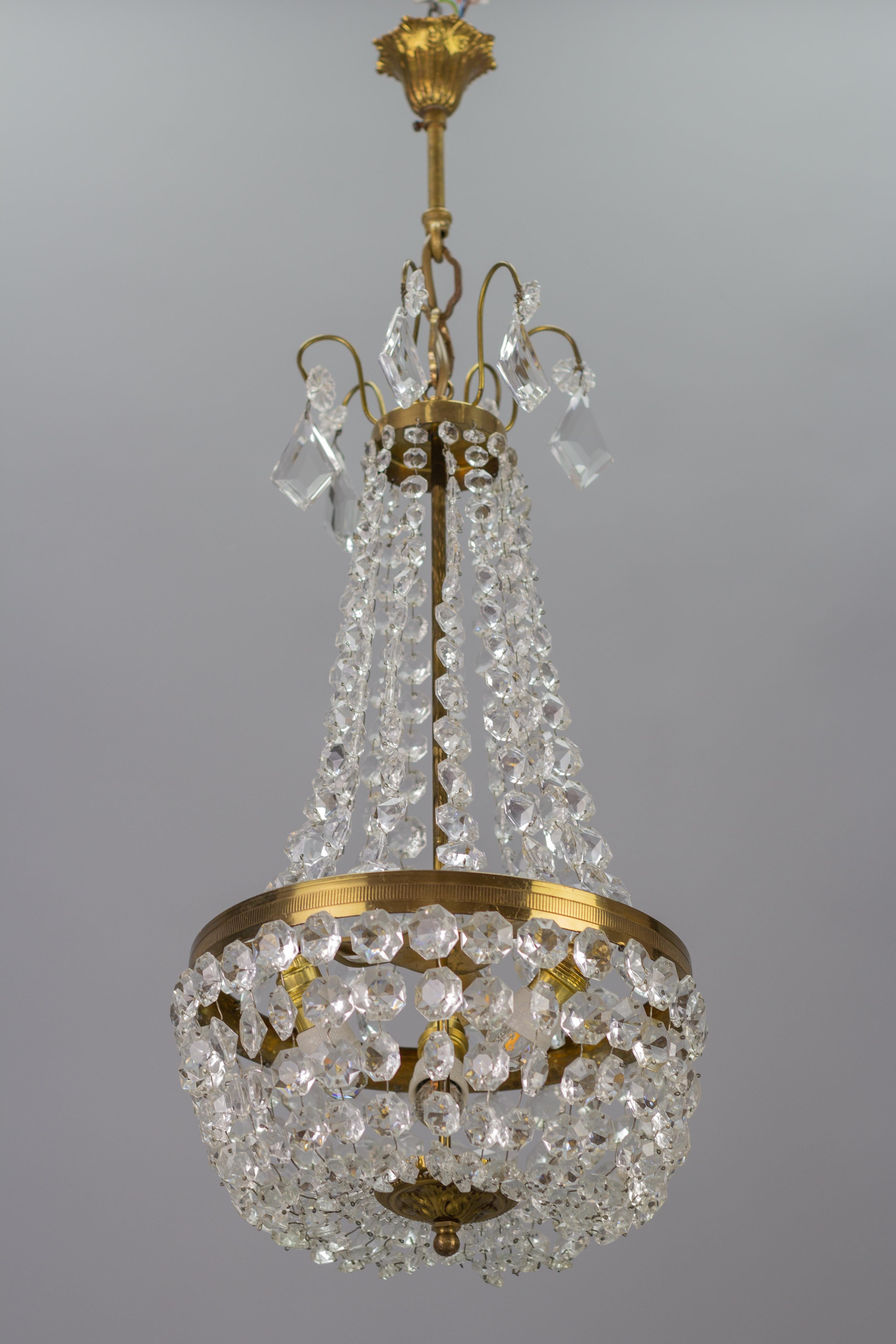 Empire Style Brass and Crystal Glass Three-Light Basket Chandelier For Sale 6