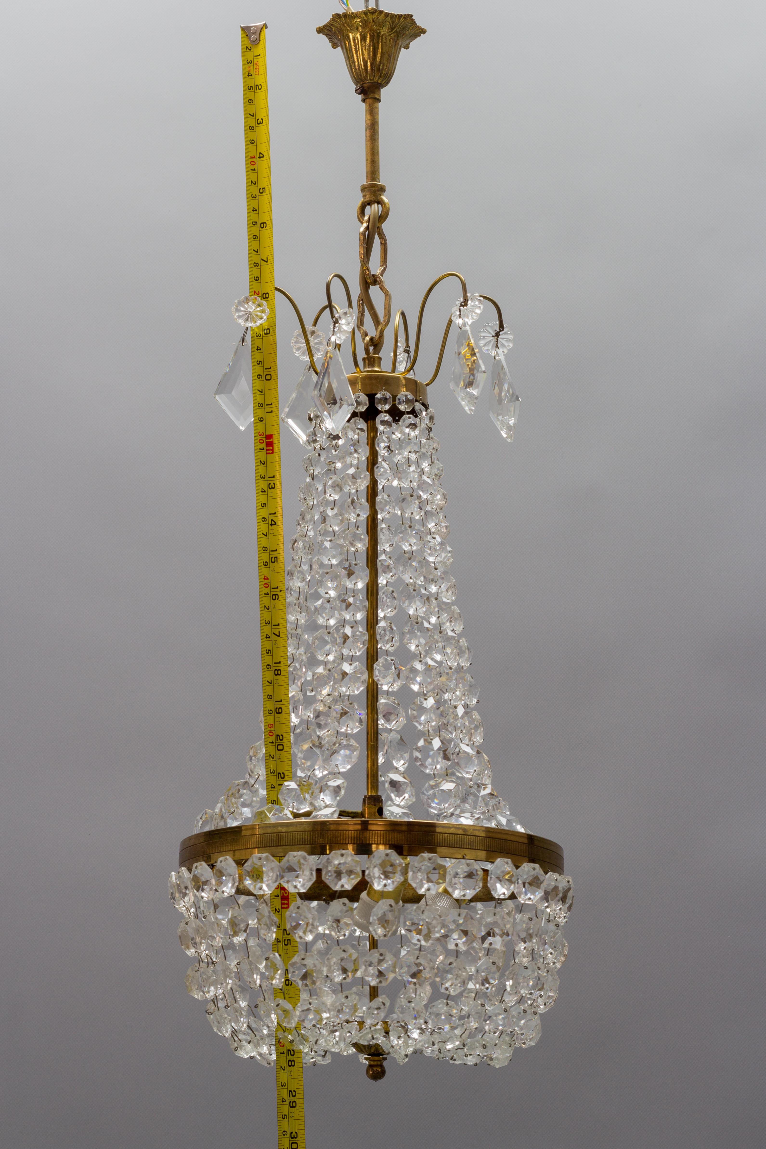 Empire Style Brass and Crystal Glass Three-Light Basket Chandelier For Sale 7