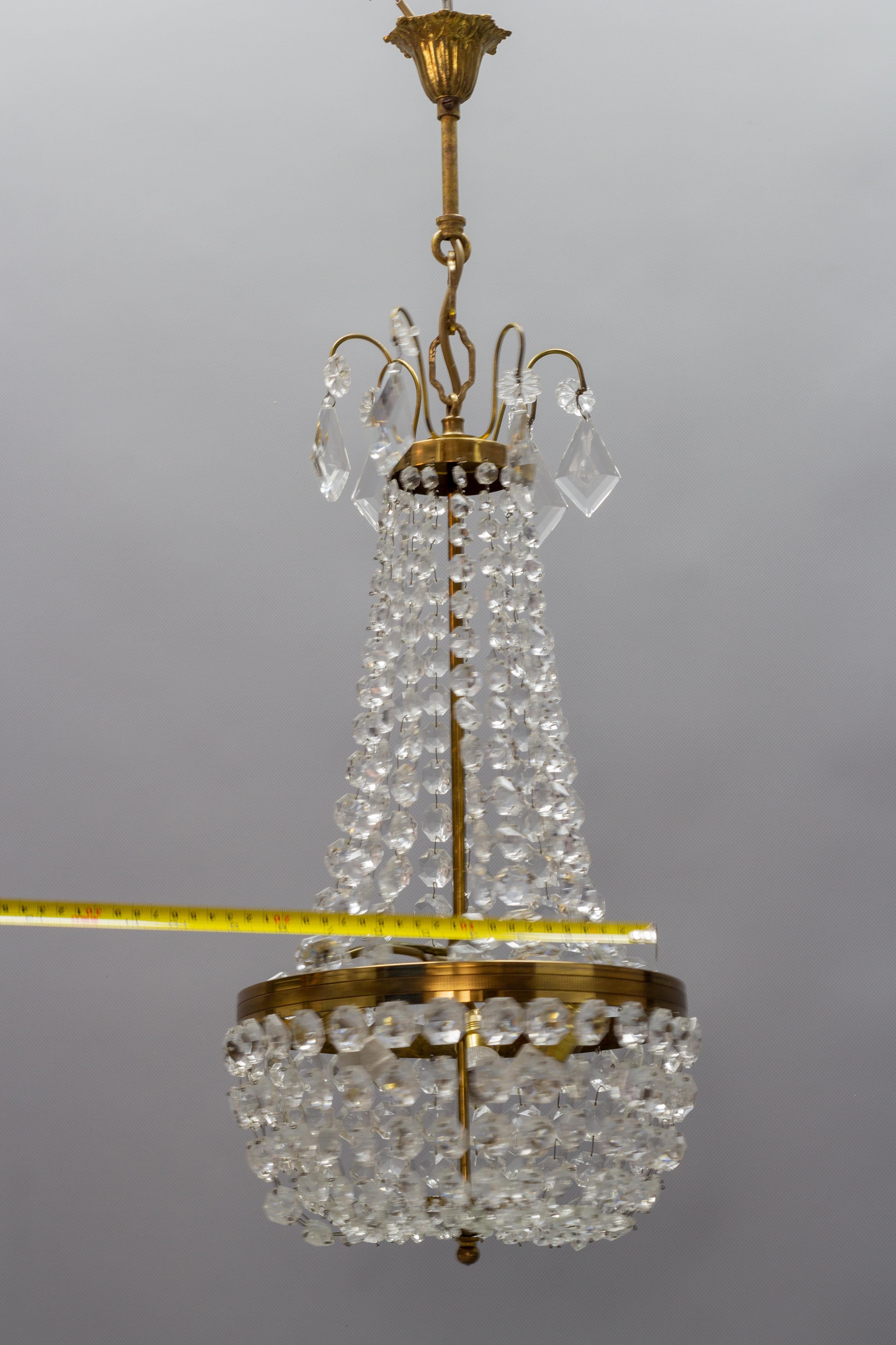 Empire Style Brass and Crystal Glass Three-Light Basket Chandelier For Sale 8