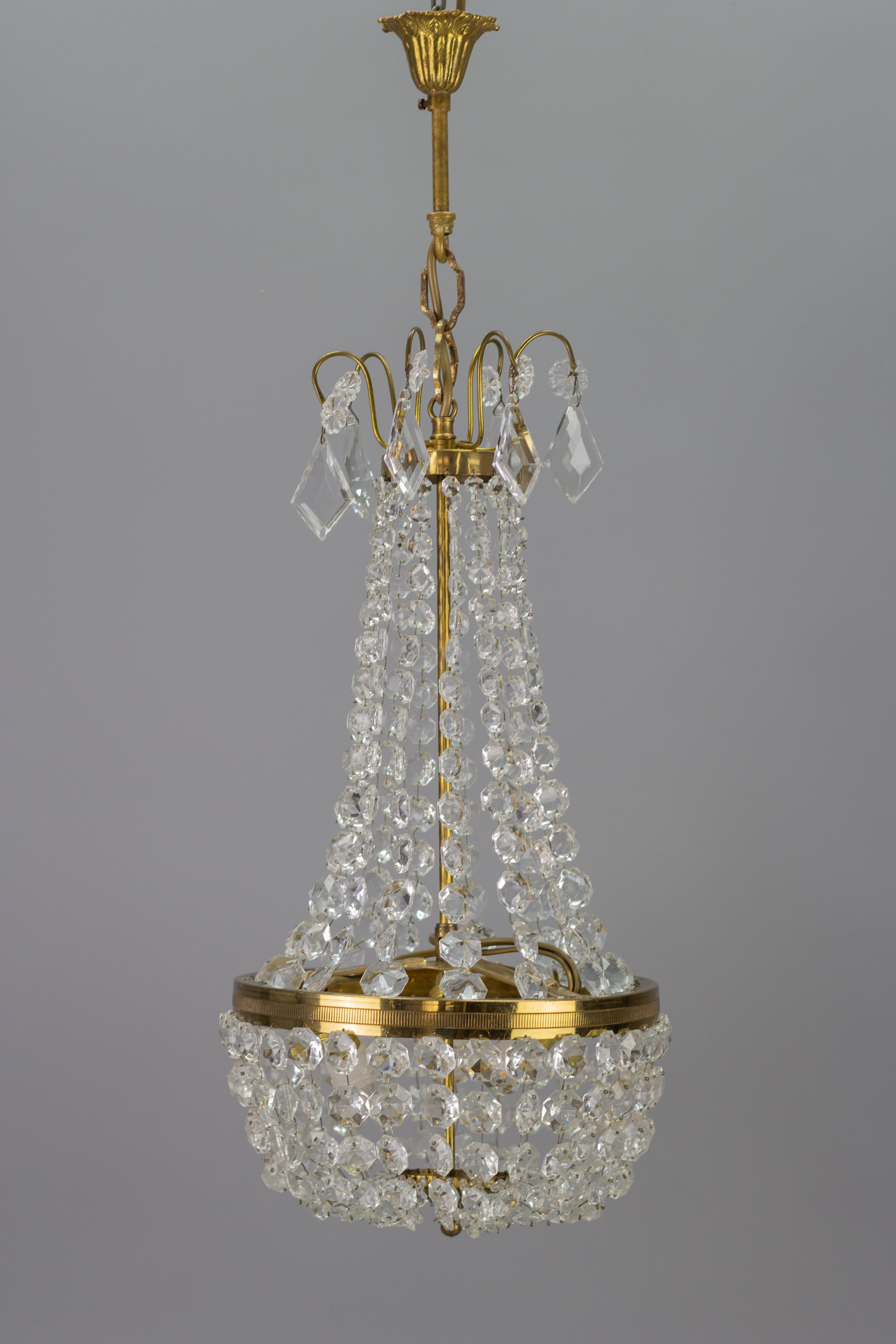 Empire Style Brass and Crystal Glass Three-Light Basket Chandelier For Sale 9
