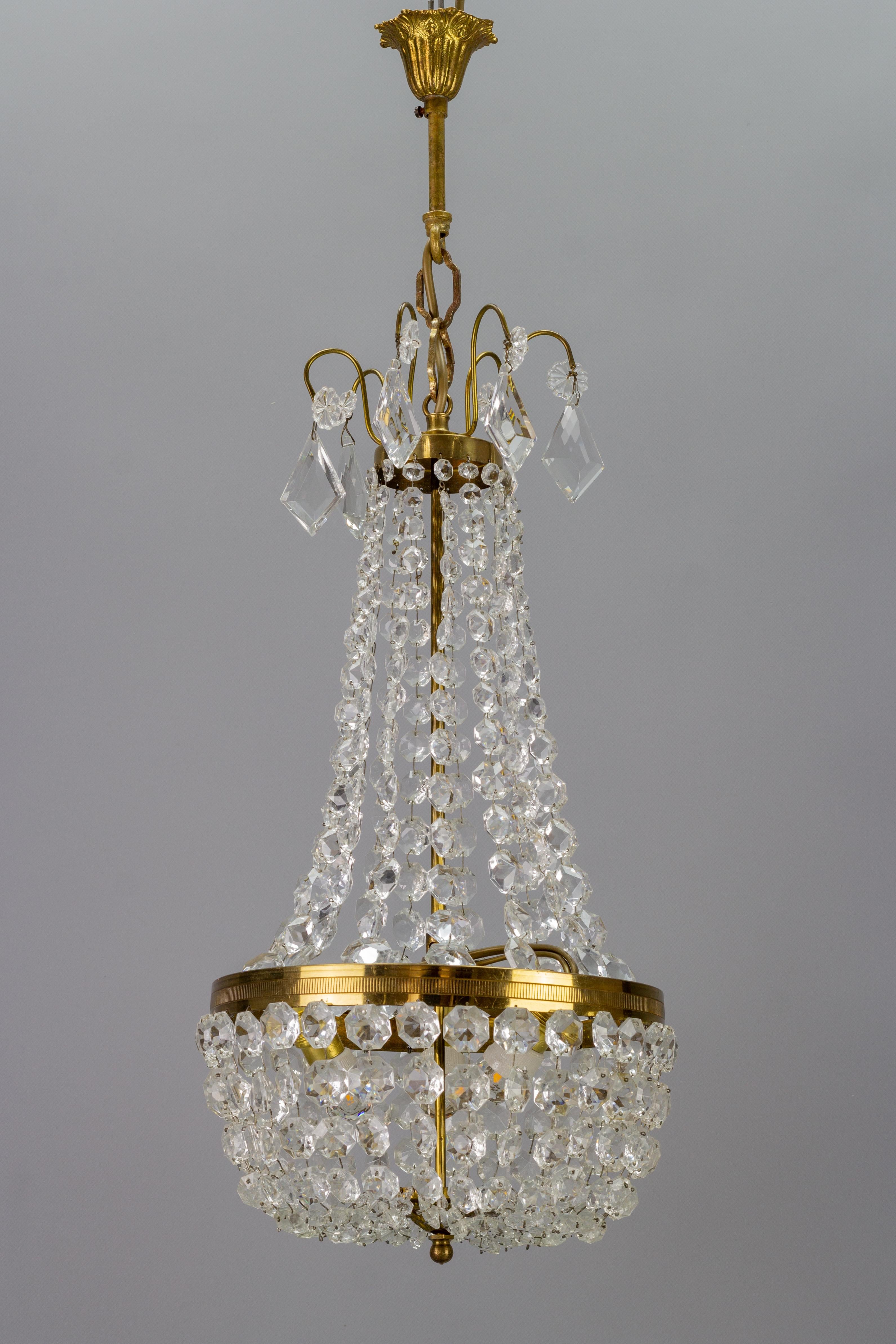 French Empire Style Brass and Crystal Glass Three-Light Basket Chandelier For Sale