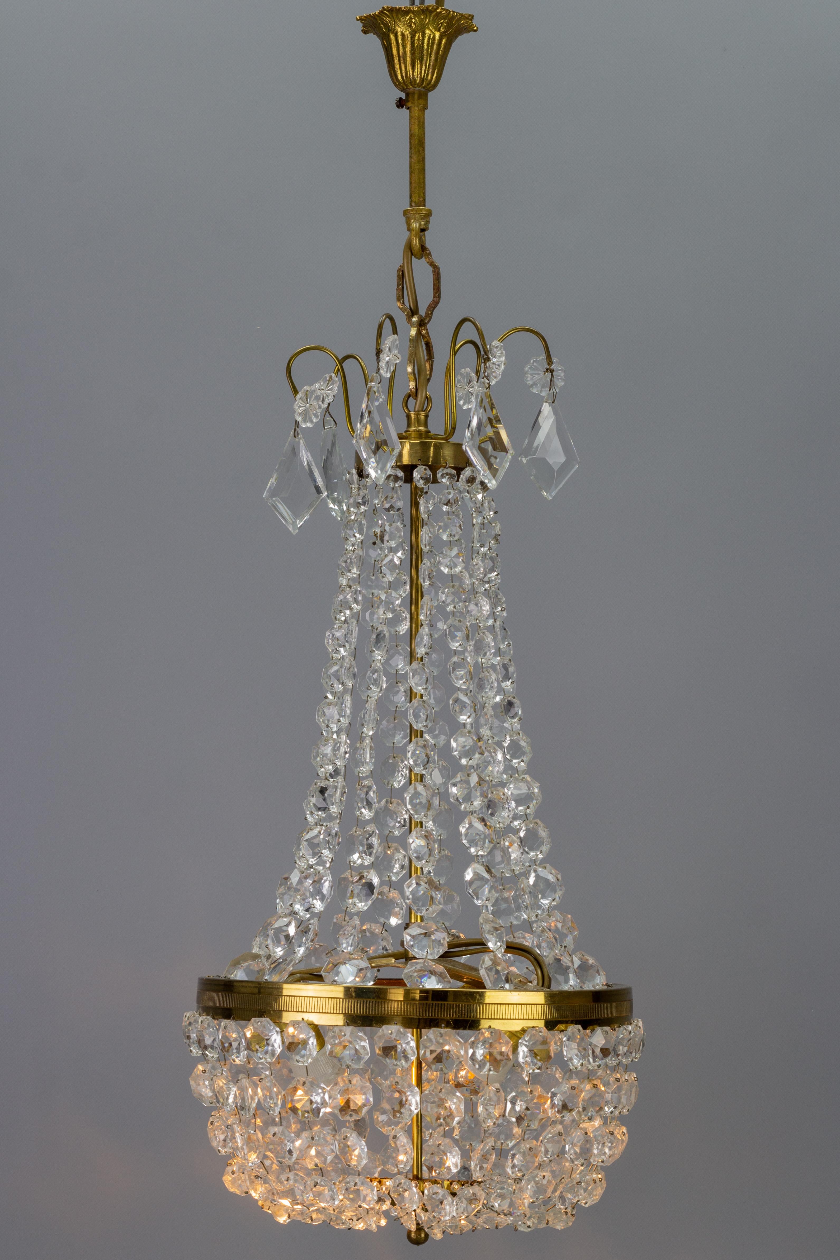 Mid-20th Century Empire Style Brass and Crystal Glass Three-Light Basket Chandelier For Sale