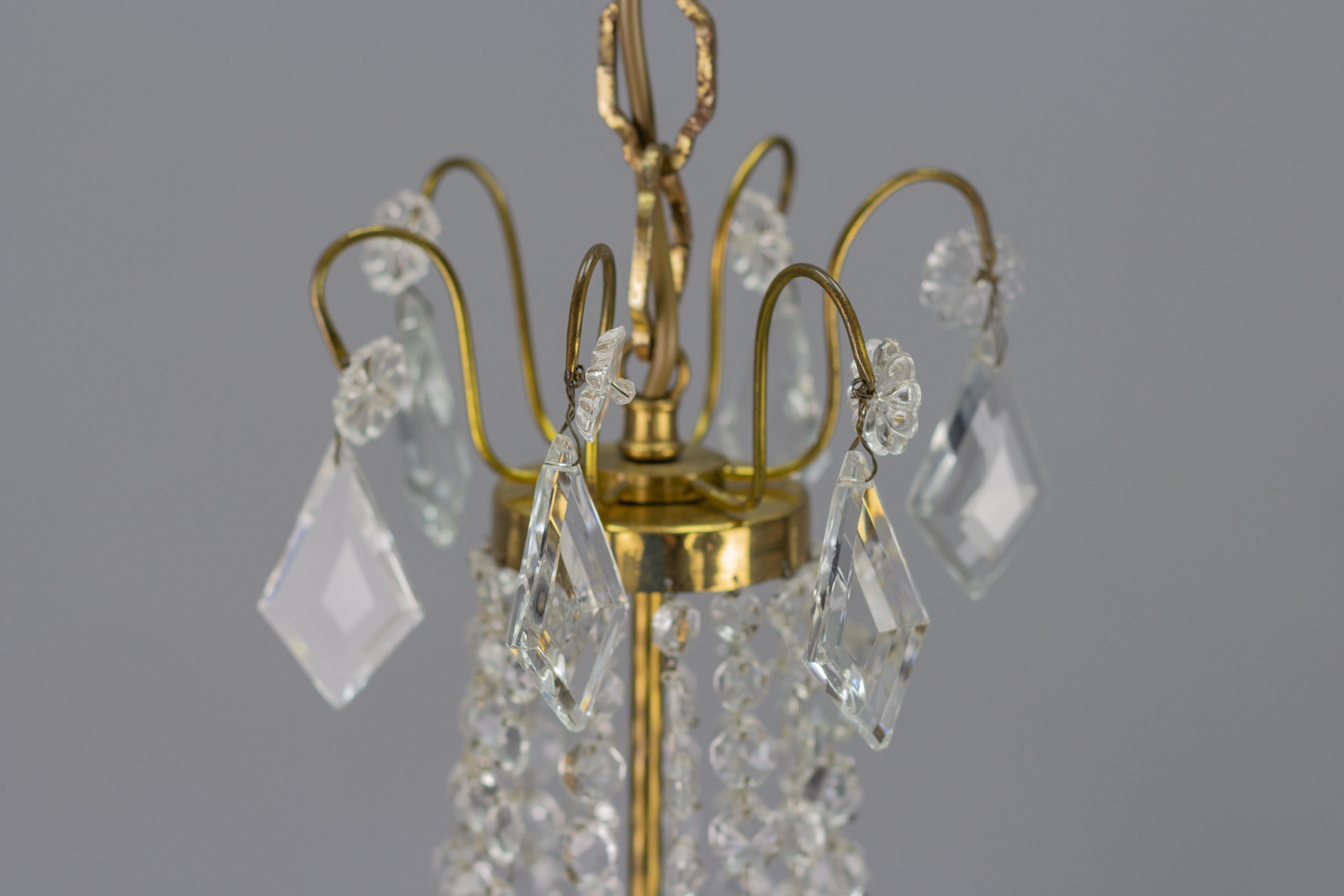 Metal Empire Style Brass and Crystal Glass Three-Light Basket Chandelier For Sale
