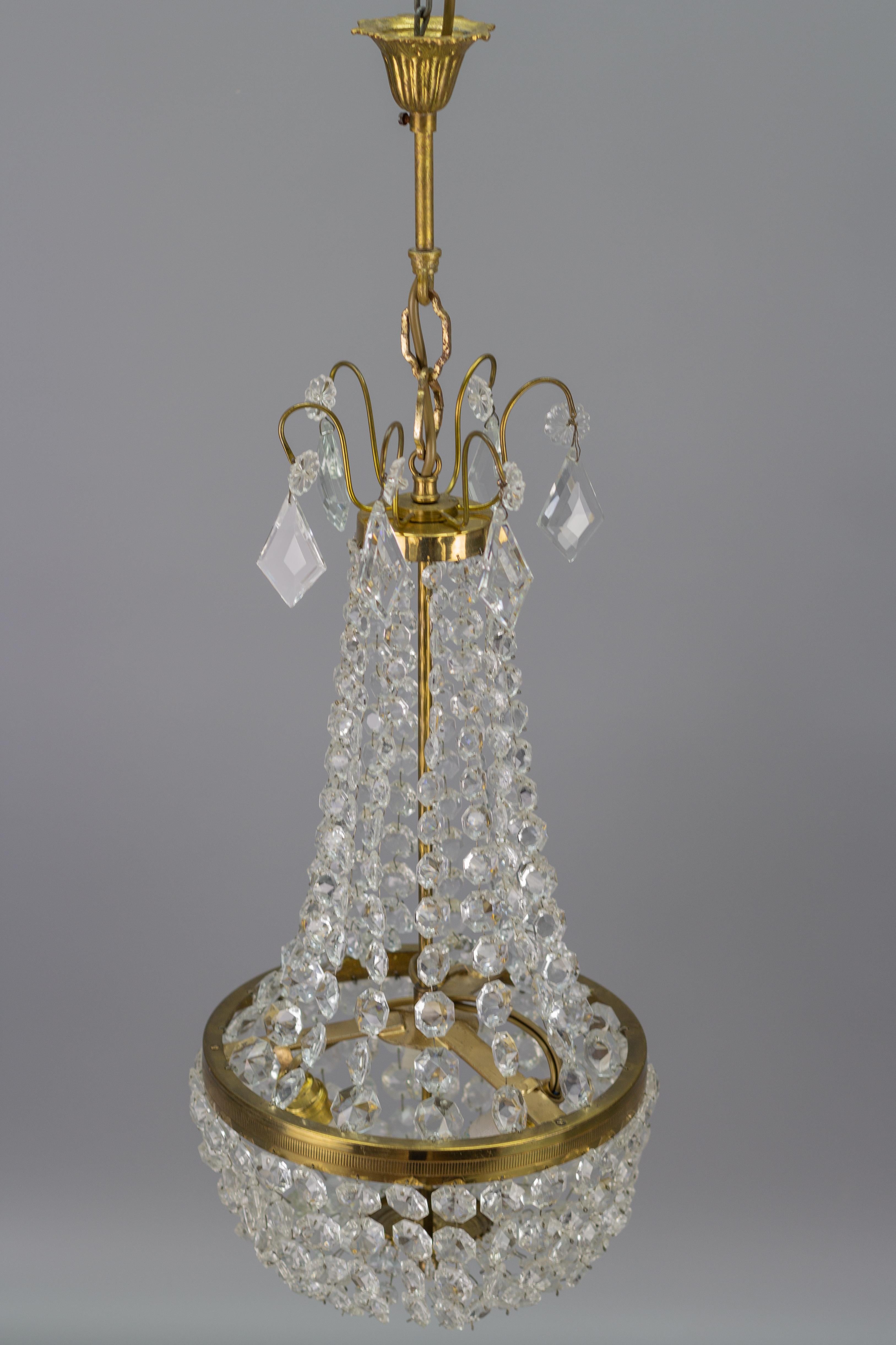 Empire Style Brass and Crystal Glass Three-Light Basket Chandelier For Sale 1