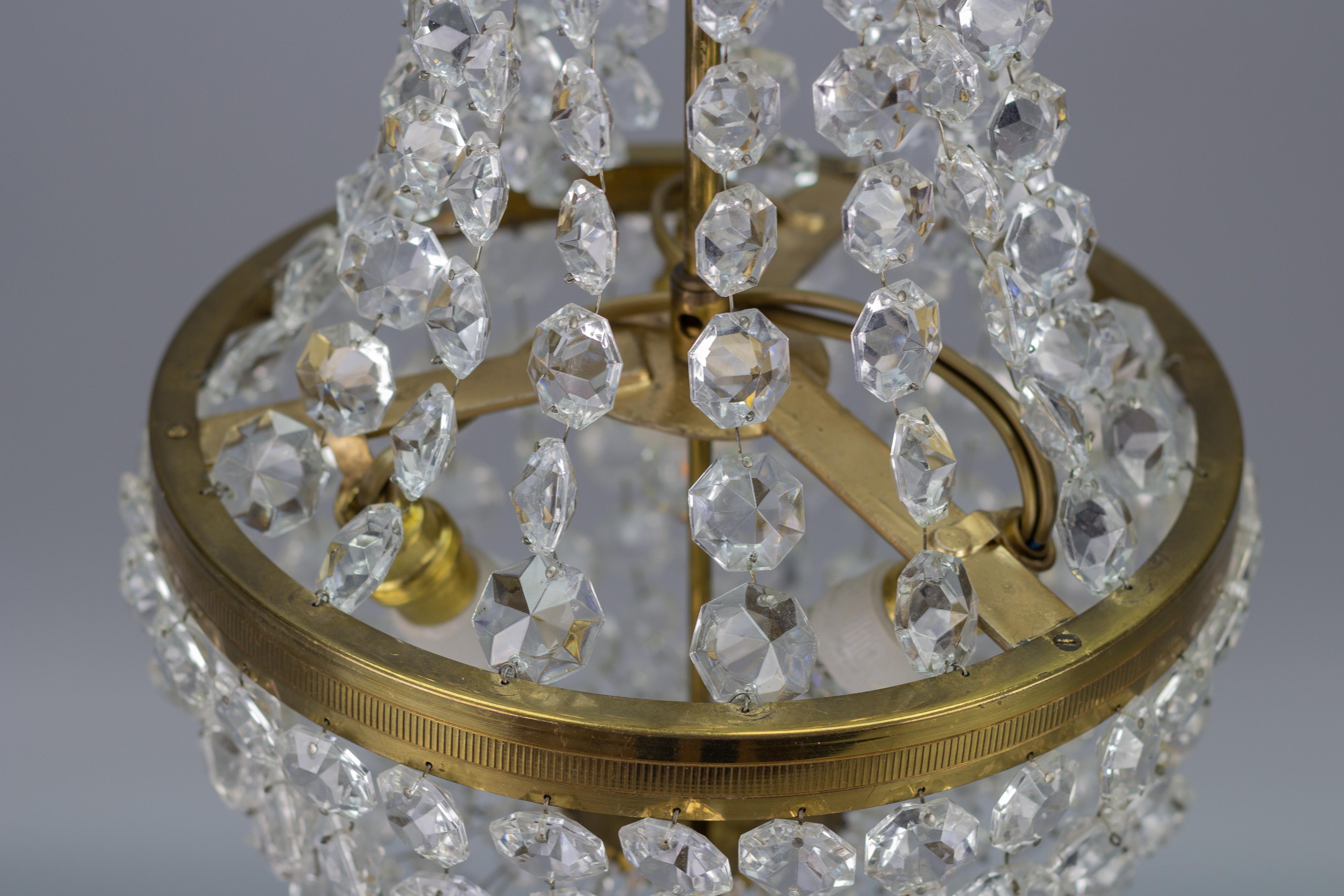 Empire Style Brass and Crystal Glass Three-Light Basket Chandelier For Sale 2