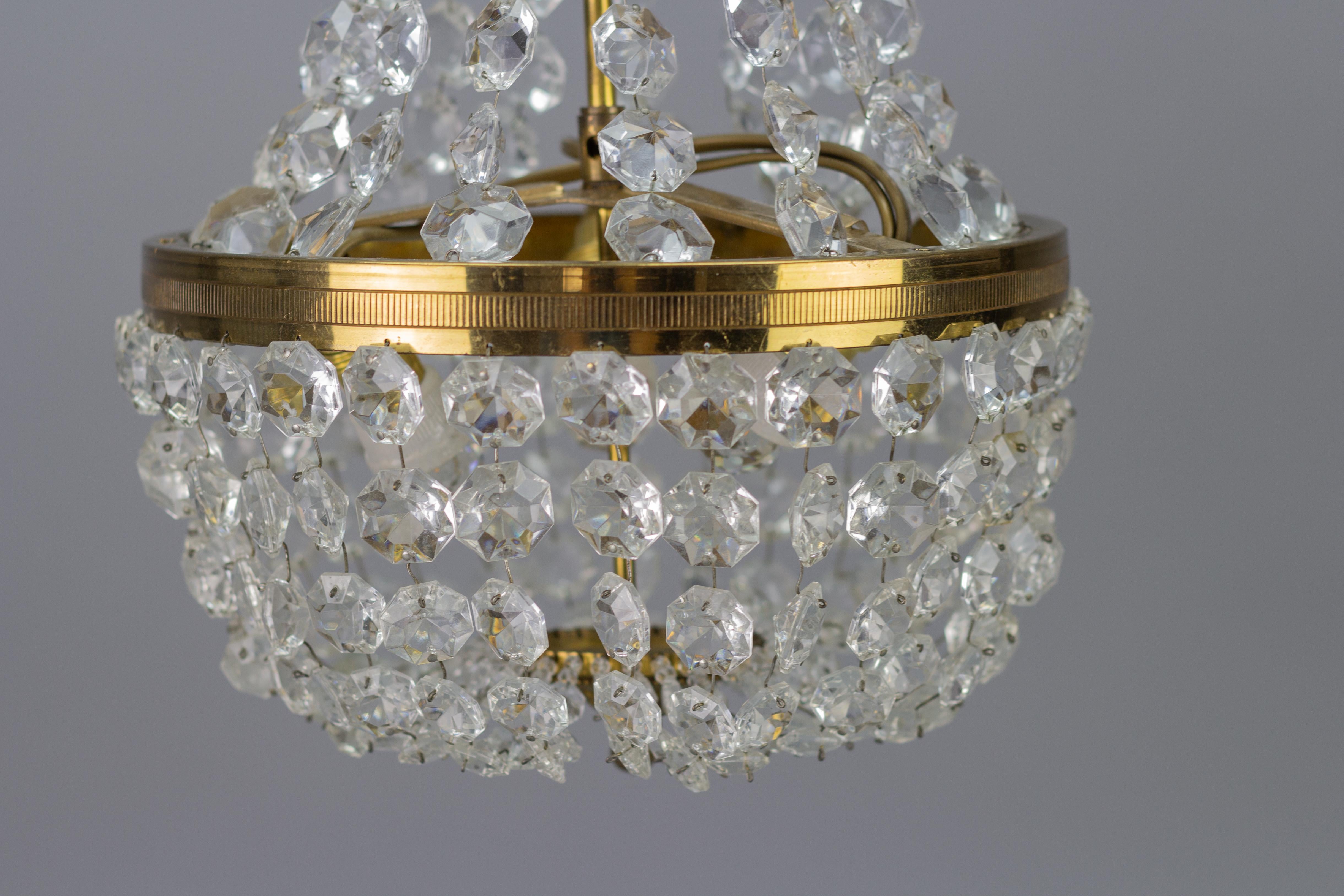 Empire Style Brass and Crystal Glass Three-Light Basket Chandelier For Sale 3