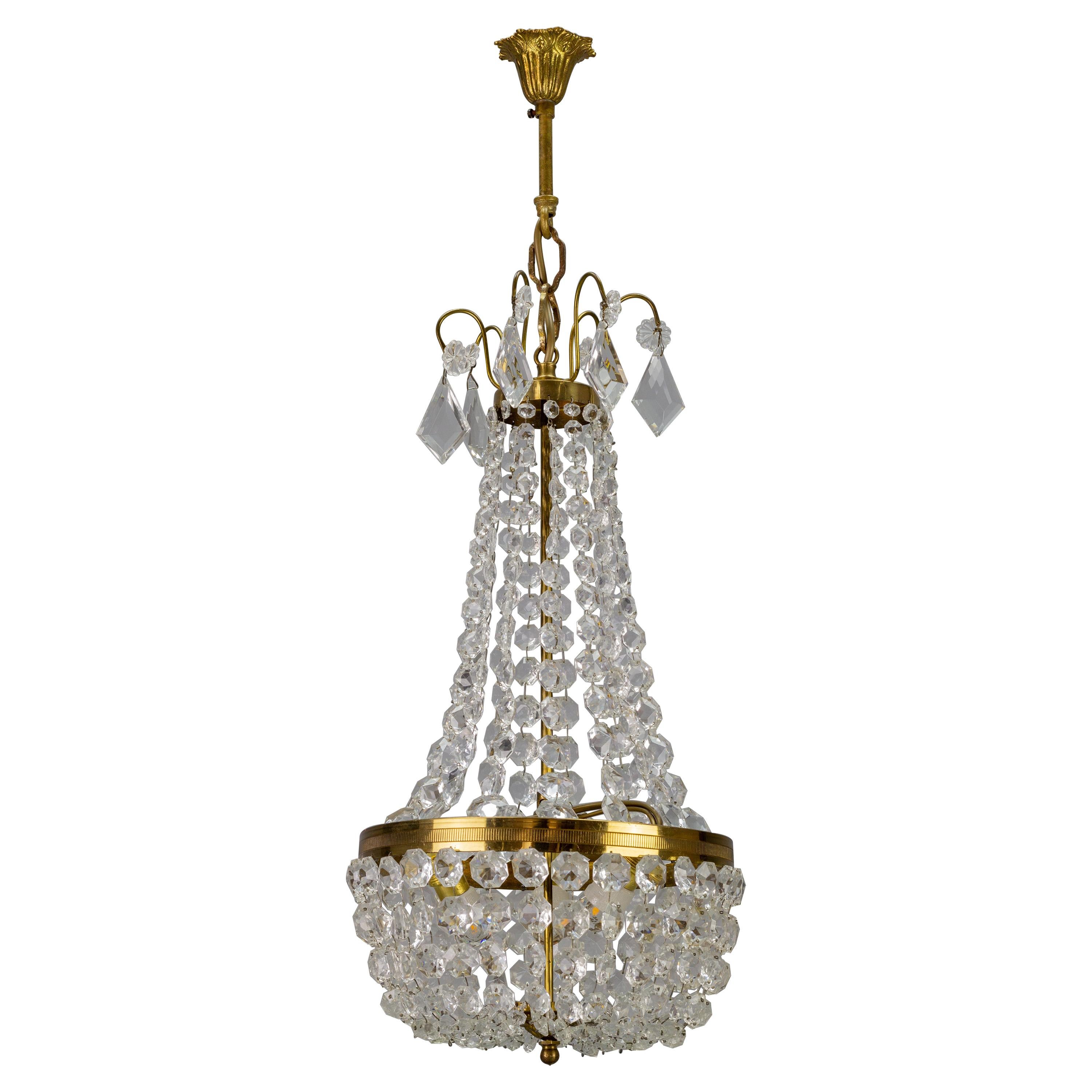 Empire Style Brass and Crystal Glass Three-Light Basket Chandelier