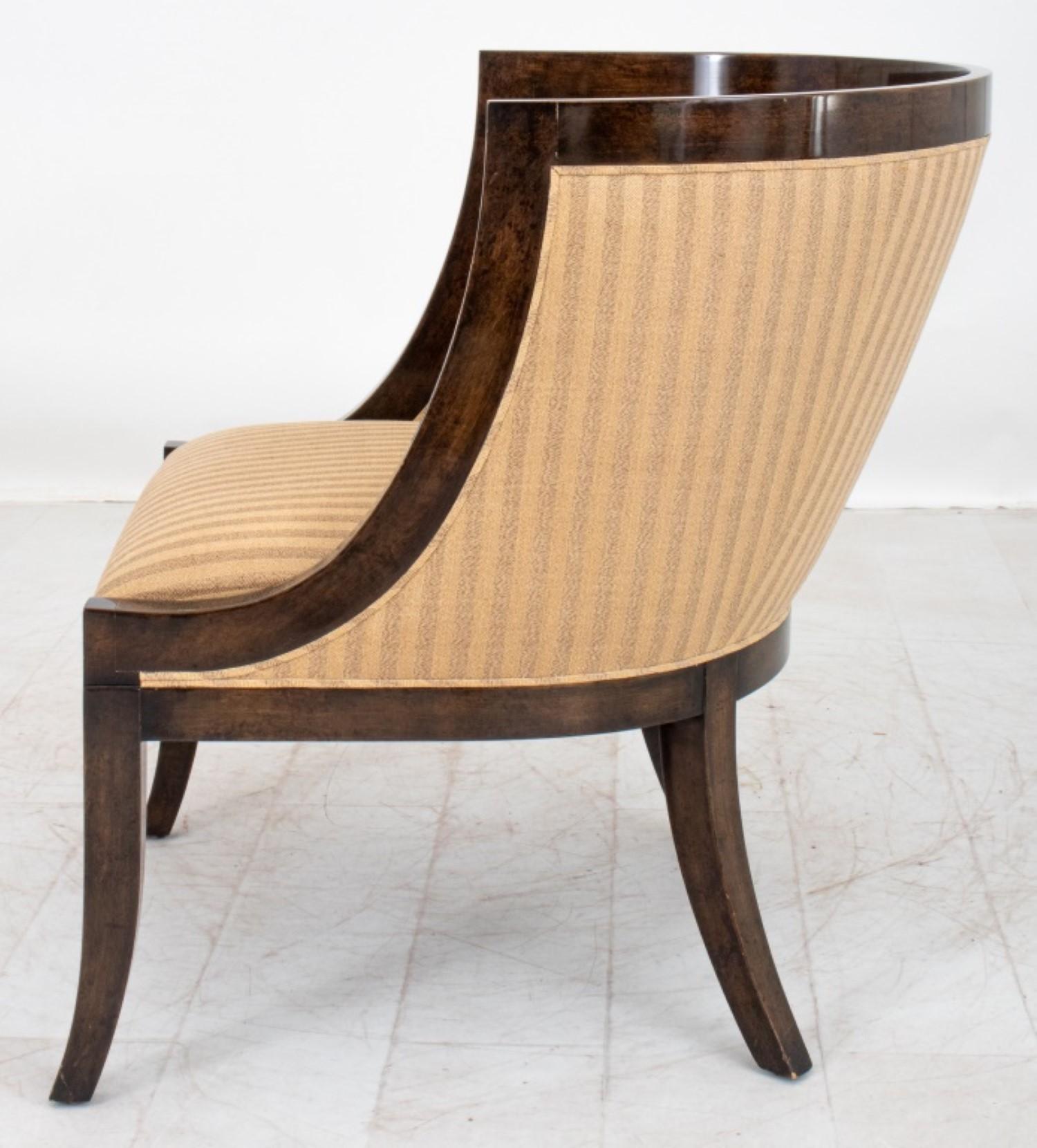 The Empire Style Brass Inlaid Mahogany Bergere, dating from the 20th century, features approximate. It embodies the Empire style, characterized by neoclassical influences and a distinctive tub chair design.

Dealer: S138XX