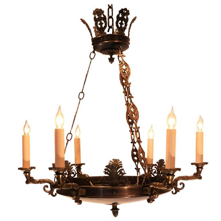 Empire Style Brass SixLight Chandelier, Denmark, circa 1910 For Sale