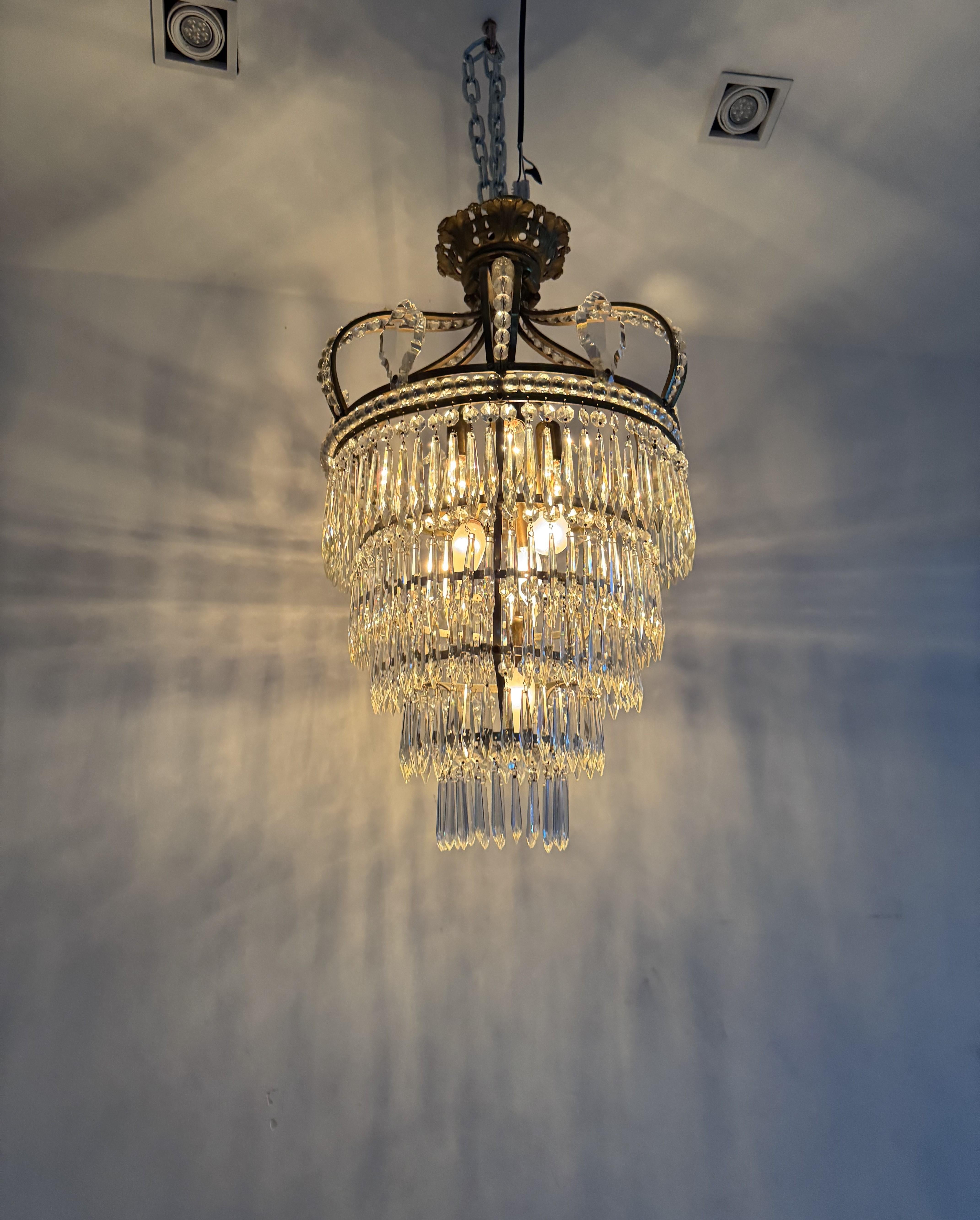 Empire Style Bronze, Brass and Cut Crystal chandelier, France ca. 1950 For Sale 7