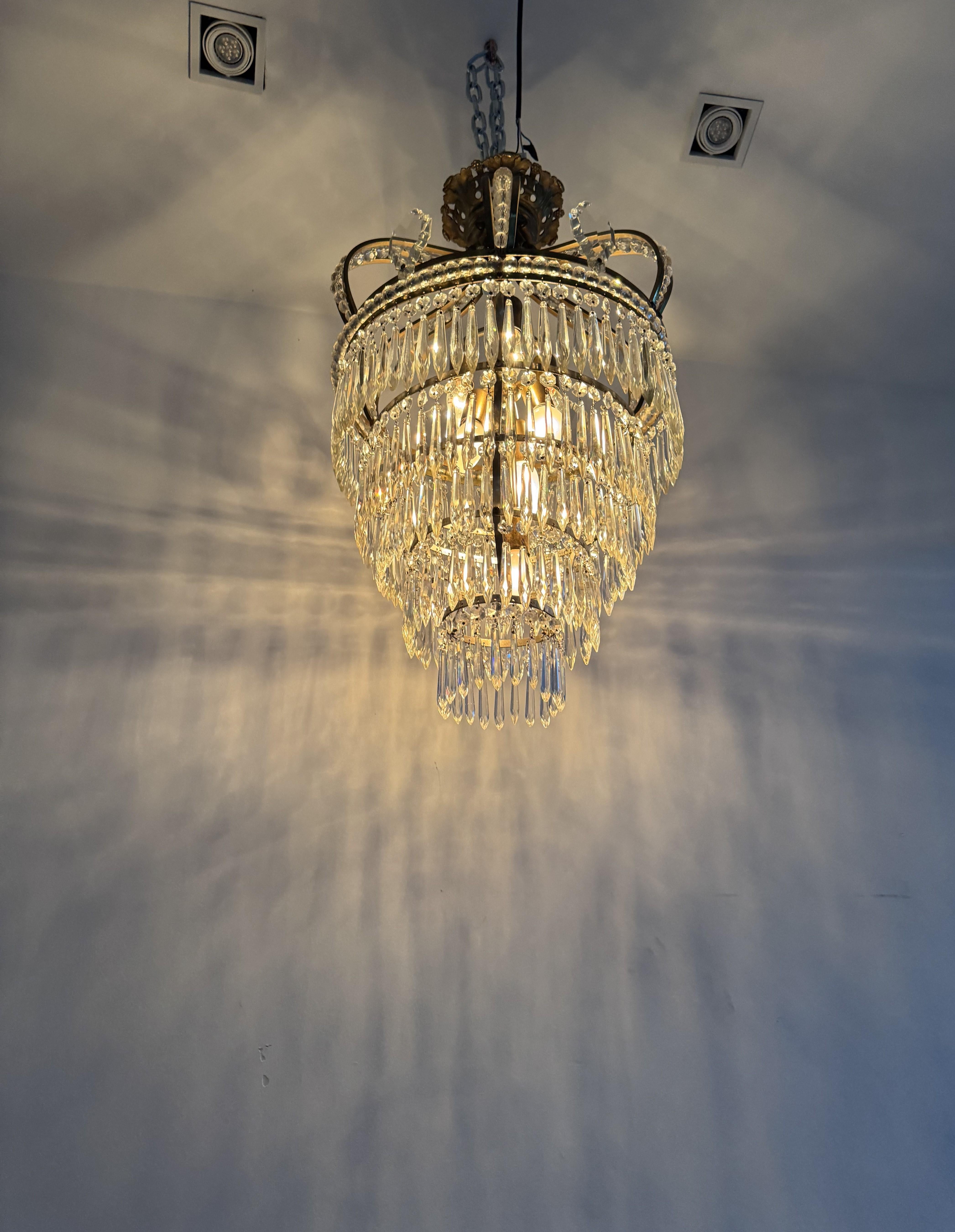 Empire Style Bronze, Brass and Cut Crystal chandelier, France ca. 1950 For Sale 8