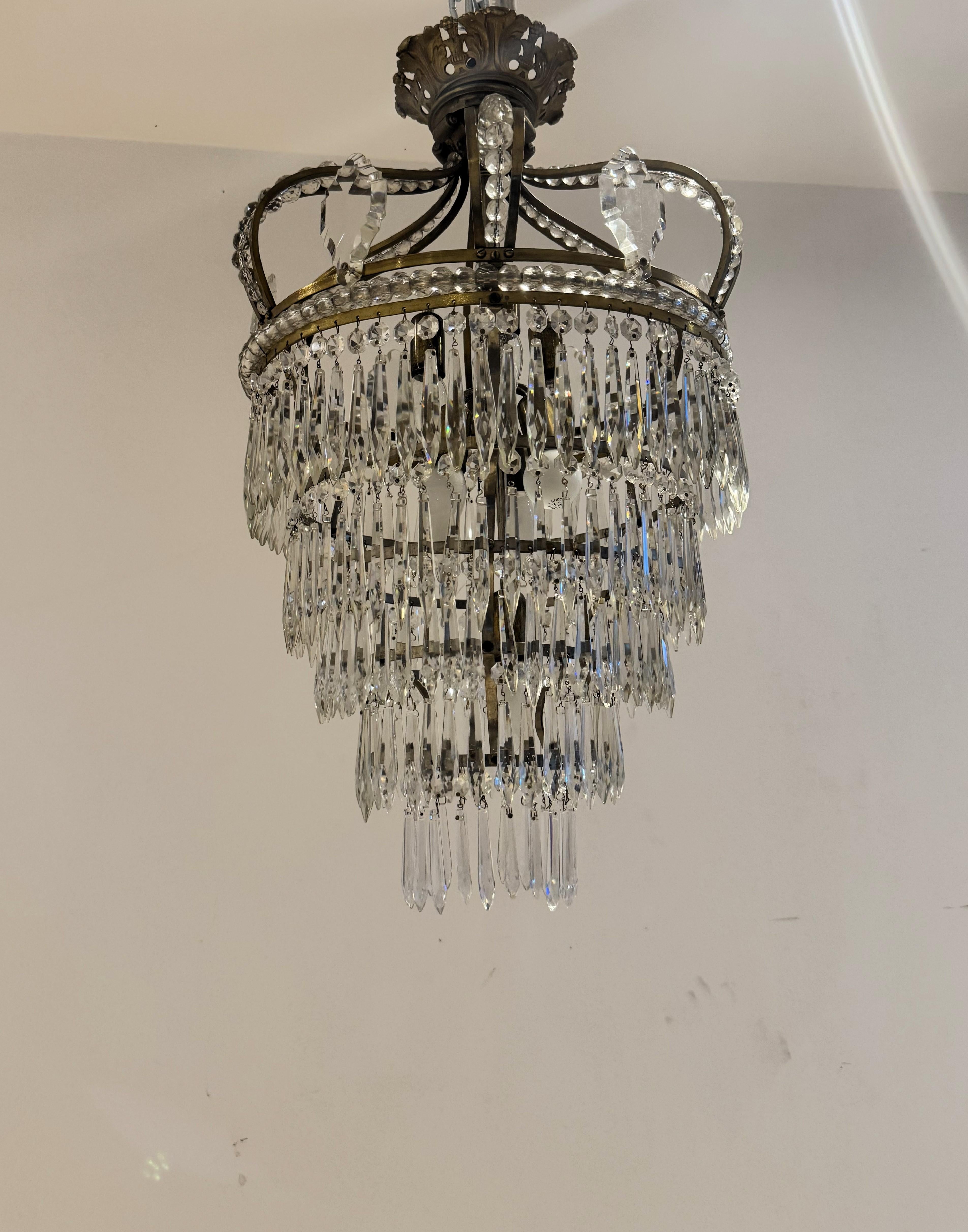 20th Century Empire Style Bronze, Brass and Cut Crystal chandelier, France ca. 1950 For Sale