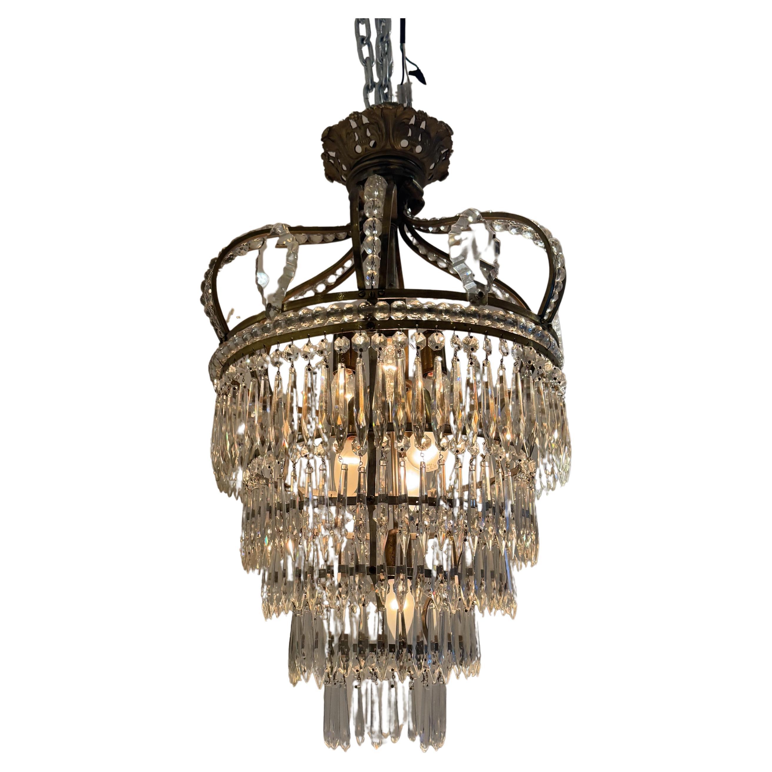 Empire Style Bronze, Brass and Cut Crystal chandelier, France ca. 1950 For Sale