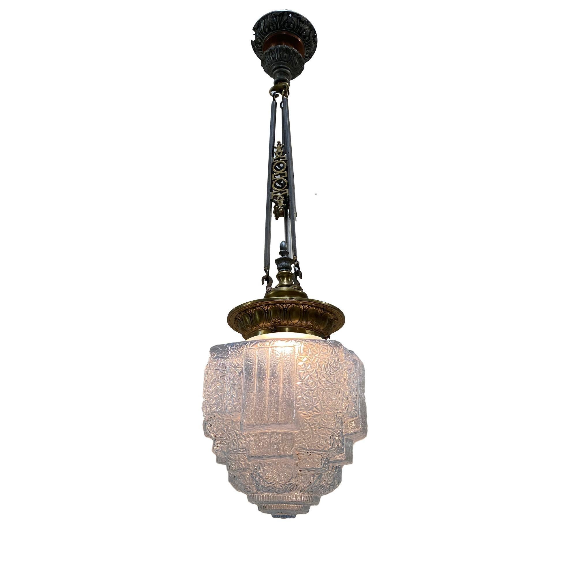 Set of 4 rare Empire Deco style ceiling pendants with stepped Blue Glass Art Deco globe.
