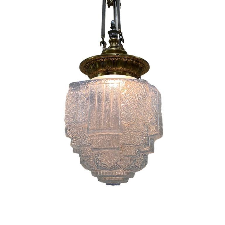 Empire Style Bronze Ceiling Pendant w/ Stepped Cobalt Glass Deco Globe, Set of 4 In Excellent Condition For Sale In Van Nuys, CA