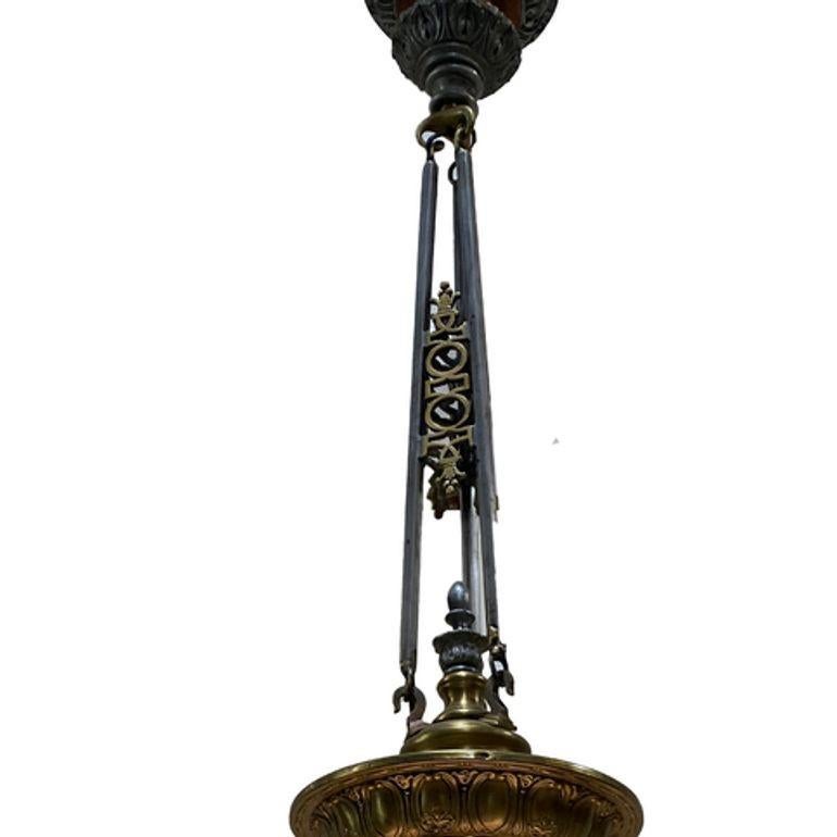 Mid-20th Century Empire Style Bronze Ceiling Pendant w/ Stepped Cobalt Glass Deco Globe, Set of 4 For Sale