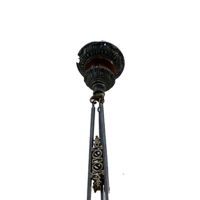 Empire Style Bronze Ceiling Pendant w/ Stepped Cobalt Glass Deco Globe, Set of 4 For Sale 1