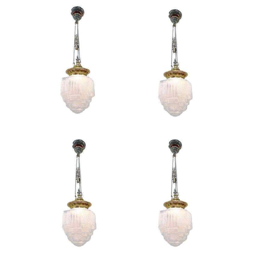 Empire Style Bronze Ceiling Pendant w/ Stepped Cobalt Glass Deco Globe, Set of 4 For Sale