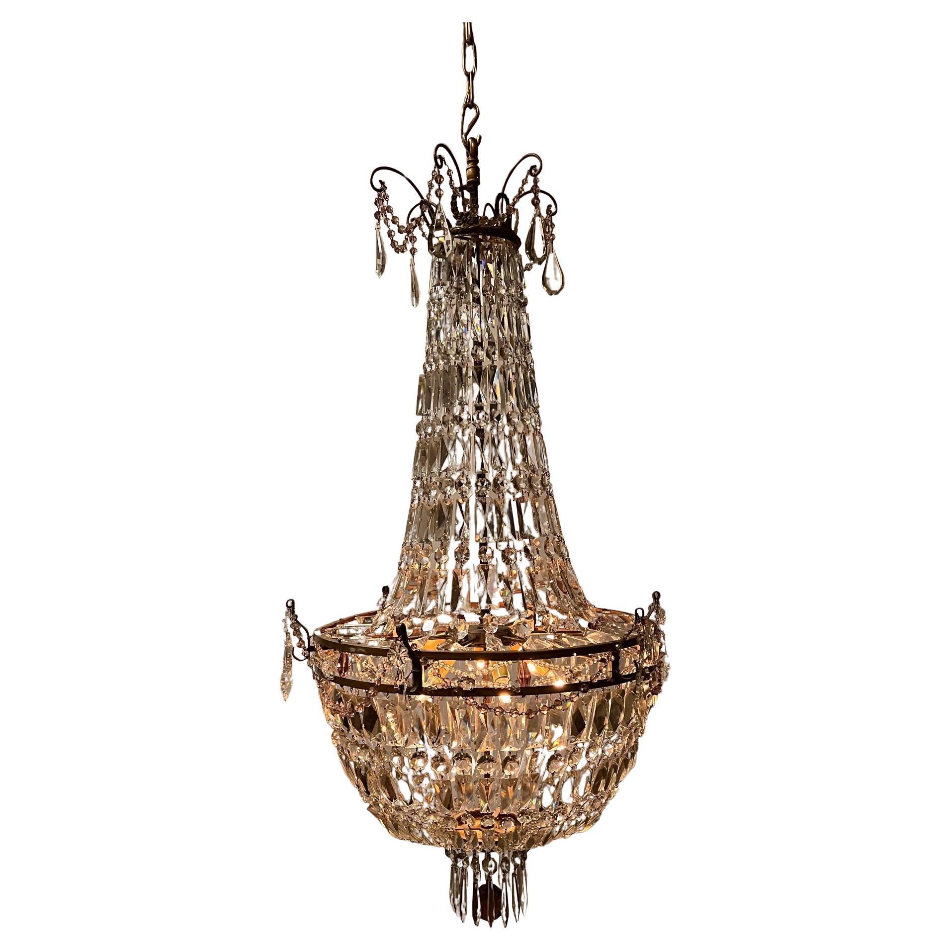 Empire Style Bronze & Crystal Tent & Basket Chandelier, France, Circa:1910 For Sale