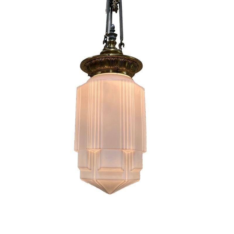 American Empire Style Bronze Electric Ceiling Pendant with Stepped Glass Globe For Sale