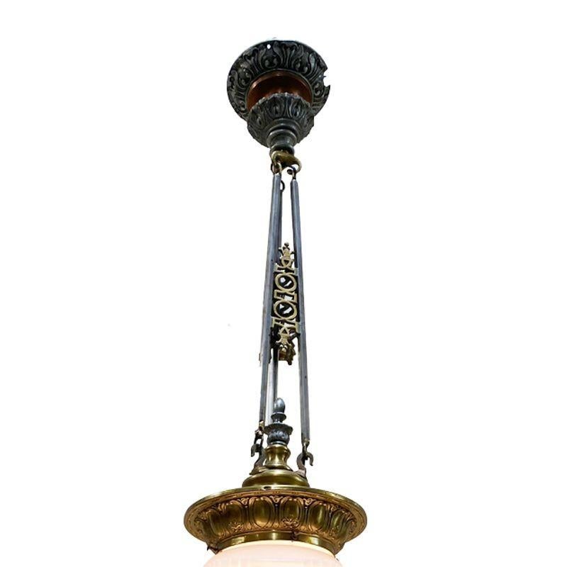Empire Style Bronze Electric Ceiling Pendant with Stepped Glass Globe In Excellent Condition For Sale In Van Nuys, CA