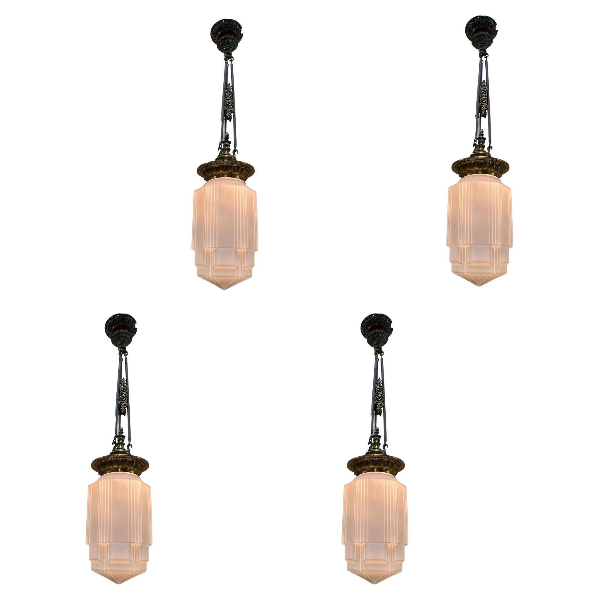 Empire Style Bronze Electric Ceiling Pendant with Stepped Glass Globe
