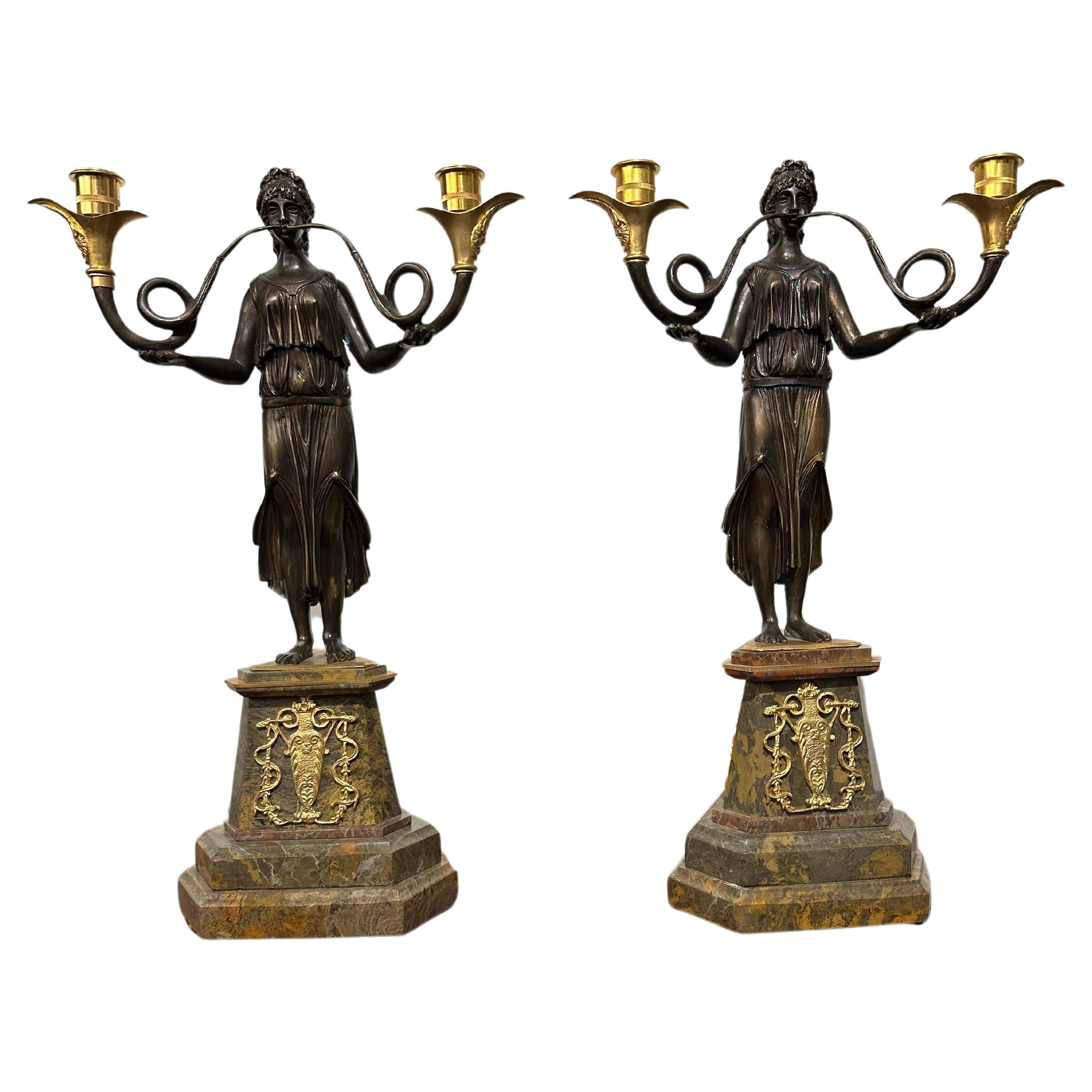  Empire Style Bronze & Marble Candelabra