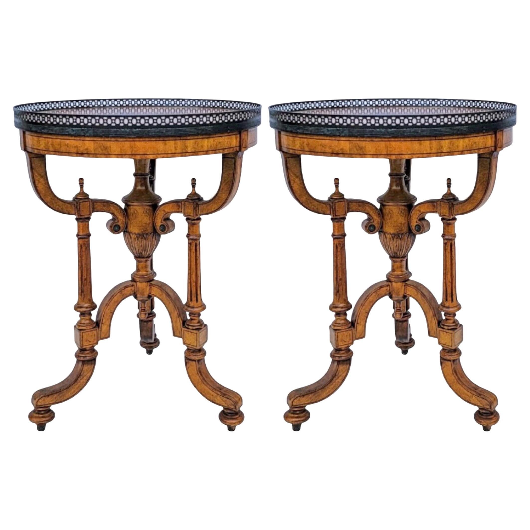 Empire Style Burl Walnut & Bronze Carved Side Tables By Theodore Alexander- Pair For Sale