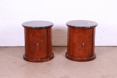 Empire Style Burl Wood Marble Top Drum End Tables or Nightstands, Pair