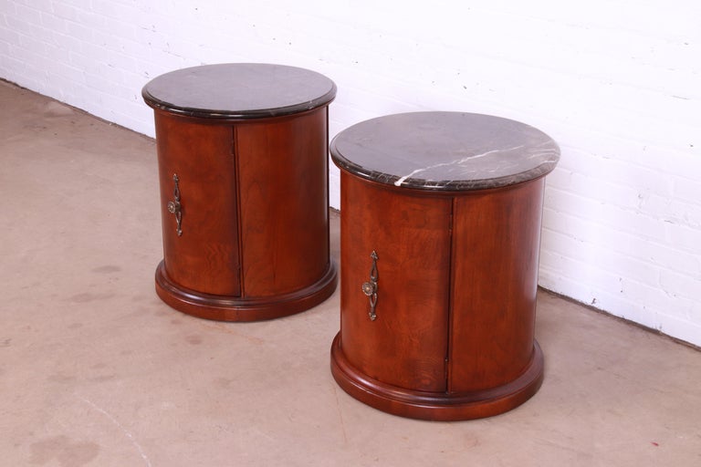 Empire Style Burl Wood Marble Top Drum End Tables or Nightstands, Pair