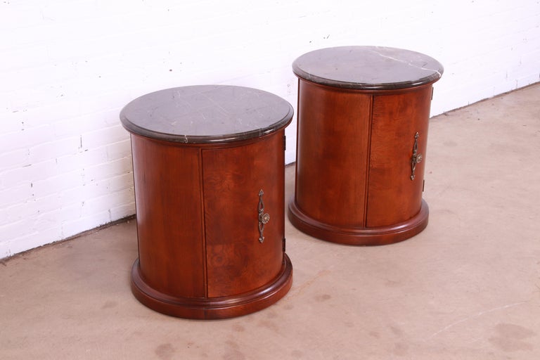 Empire Style Burl Wood Marble Top Drum End Tables or Nightstands, Pair