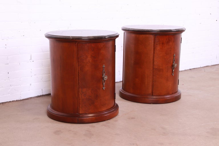 Empire Style Burl Wood Marble Top Drum End Tables or Nightstands, Pair