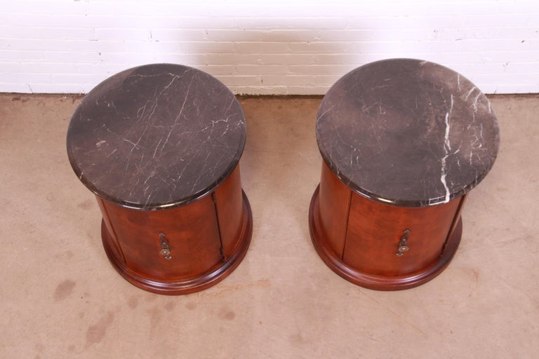 Empire Style Burl Wood Marble Top Drum End Tables or Nightstands, Pair