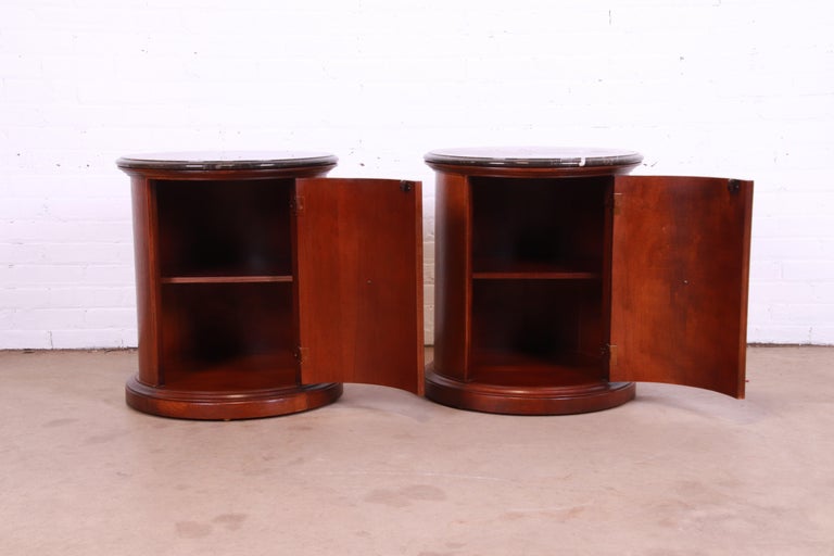 Empire Style Burl Wood Marble Top Drum End Tables or Nightstands, Pair